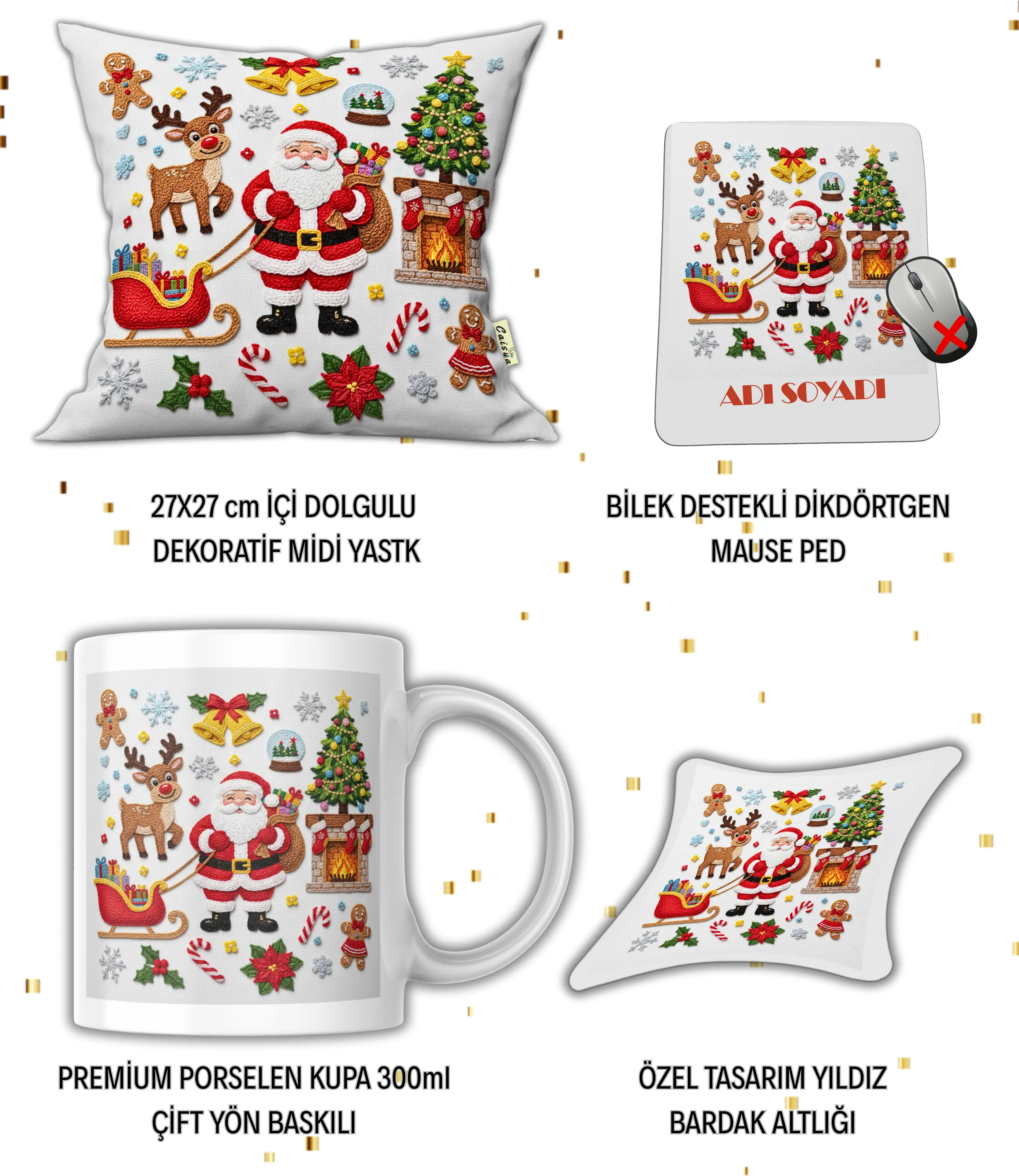 Yılbaşı Hediye Seti Noel Baba Nakış Efektli Baskılı Kupa Yastık İsimli Mause Ped Bardak Altlığı
