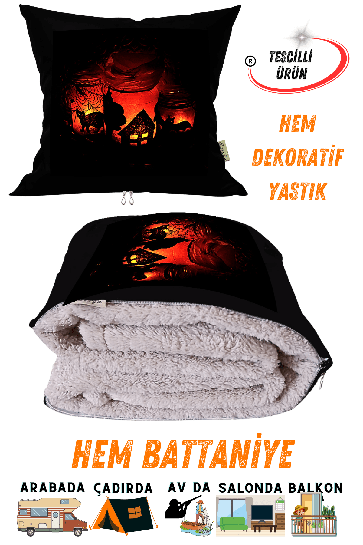 Halloween Temalı Tv Battaniyeli Opsiyonel Dekoratif Yastık Kırlent 2 in 1 Battaniye