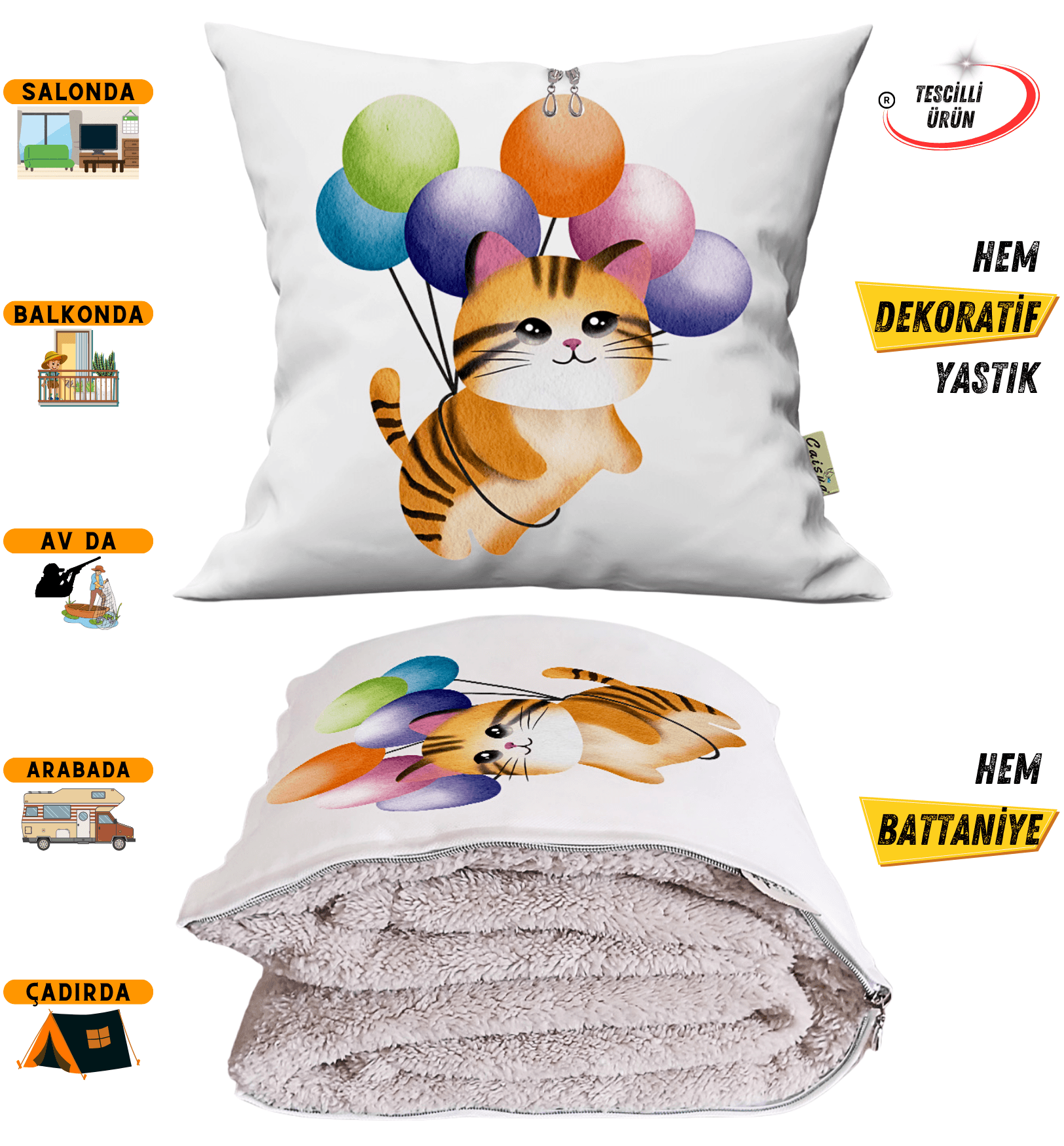 Balonlu Kedi Baskılı Tv Battaniyeli Opsiyonel Dekoratif Yastık Kırlent 2 in 1 Battaniye