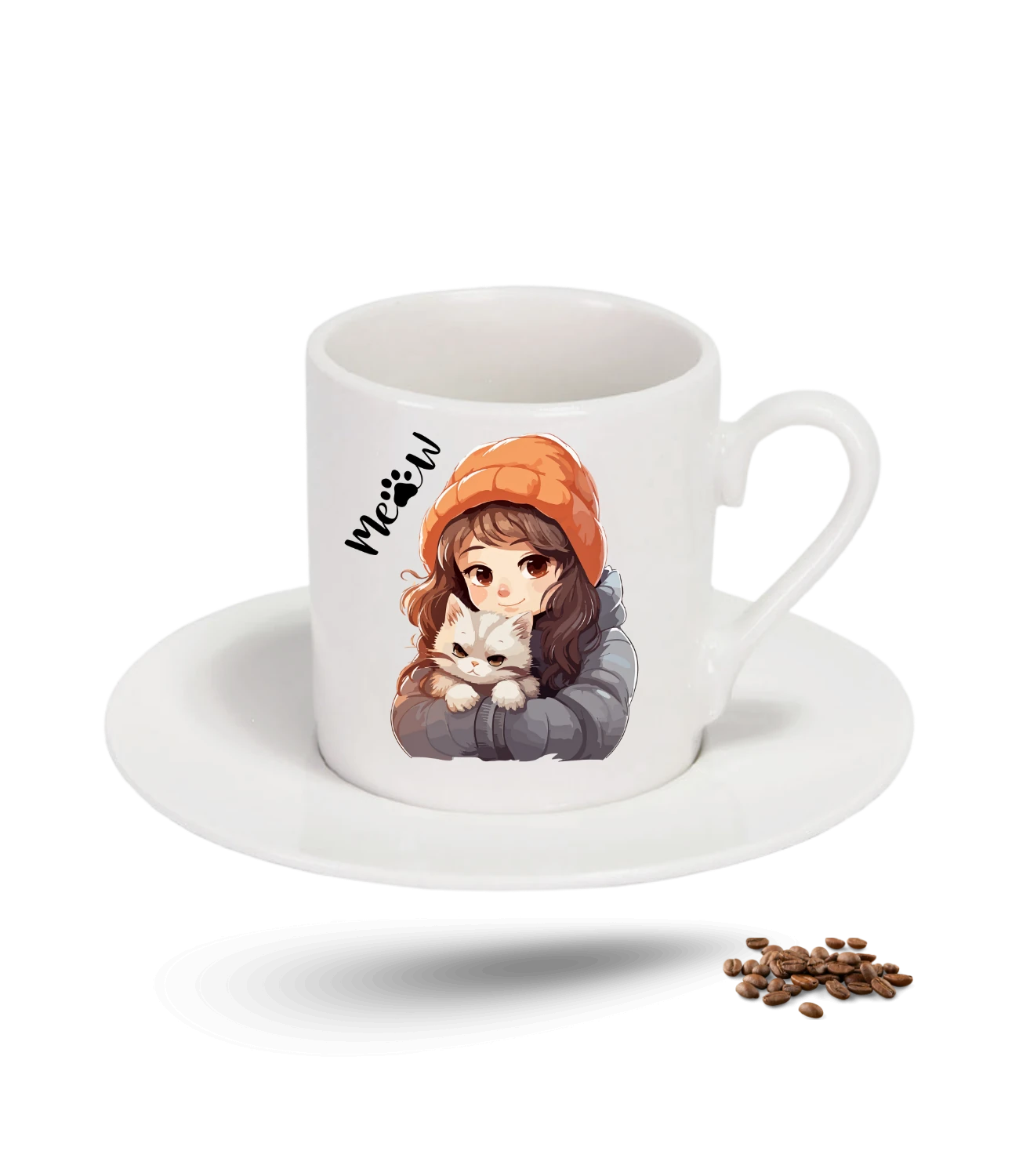 Meow Bereli Kız Kedi Sever Baskılı Porselen Türk Kahvesi Fincanı Tekli