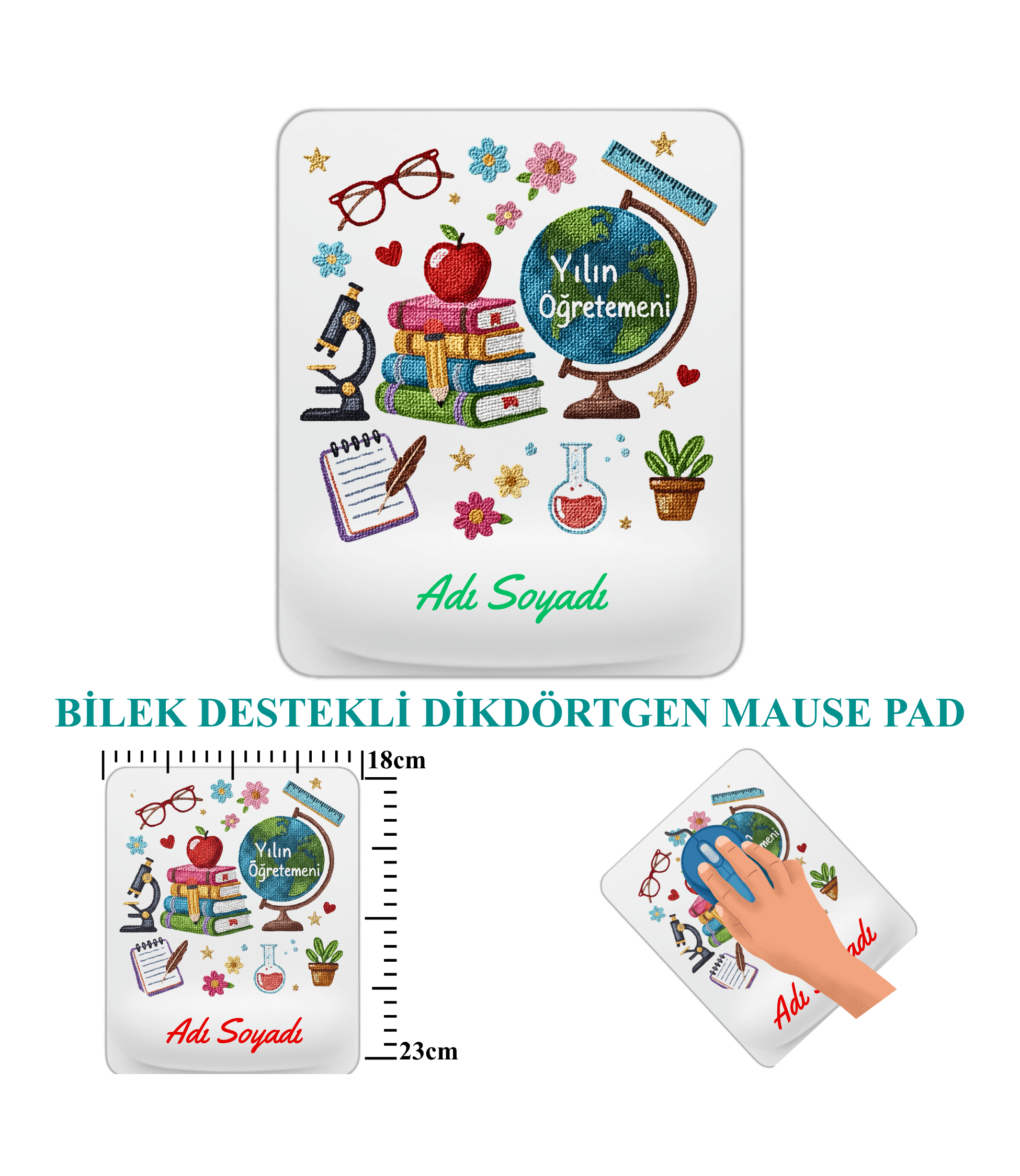 Öğretmenler Günü Hediyesi Dikdörtgen Bilek Destekli İsimli Mause Ped -2