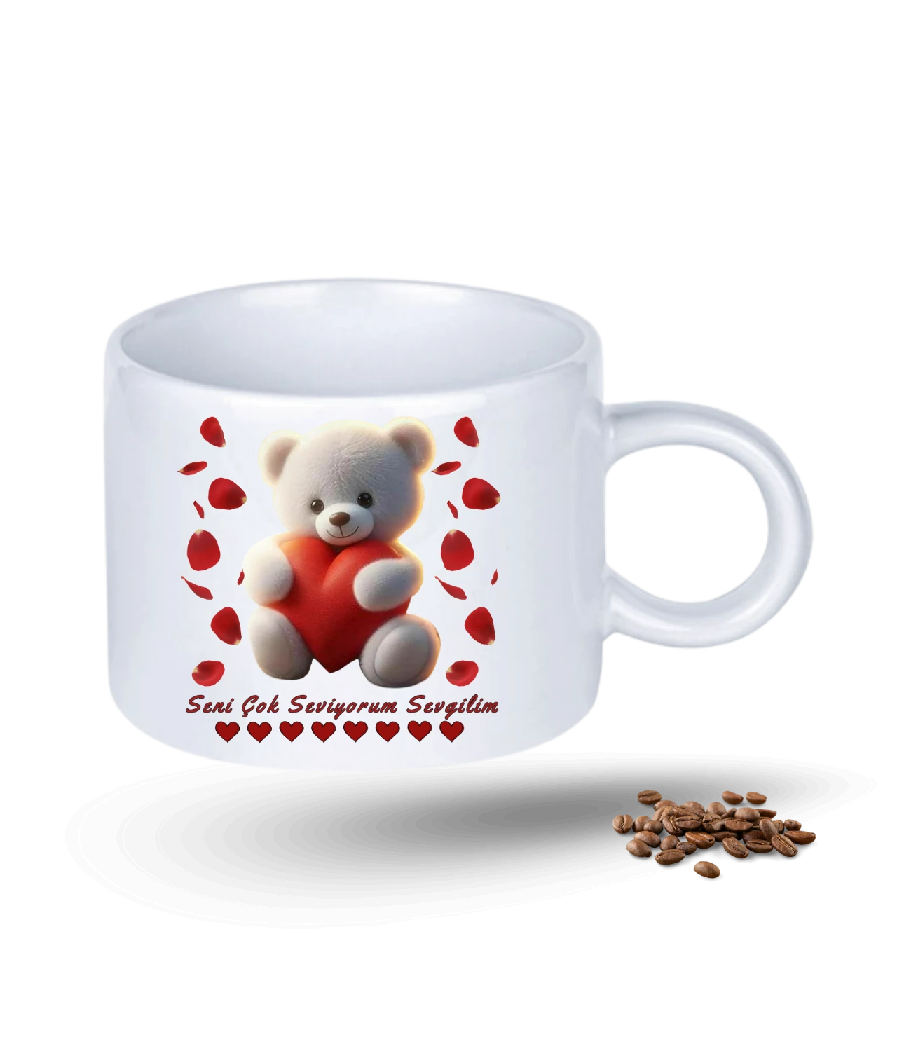 Ayıcık Seni Seviyorum Kalp Gül Baskılı Porselen Motto Kupa Bardak