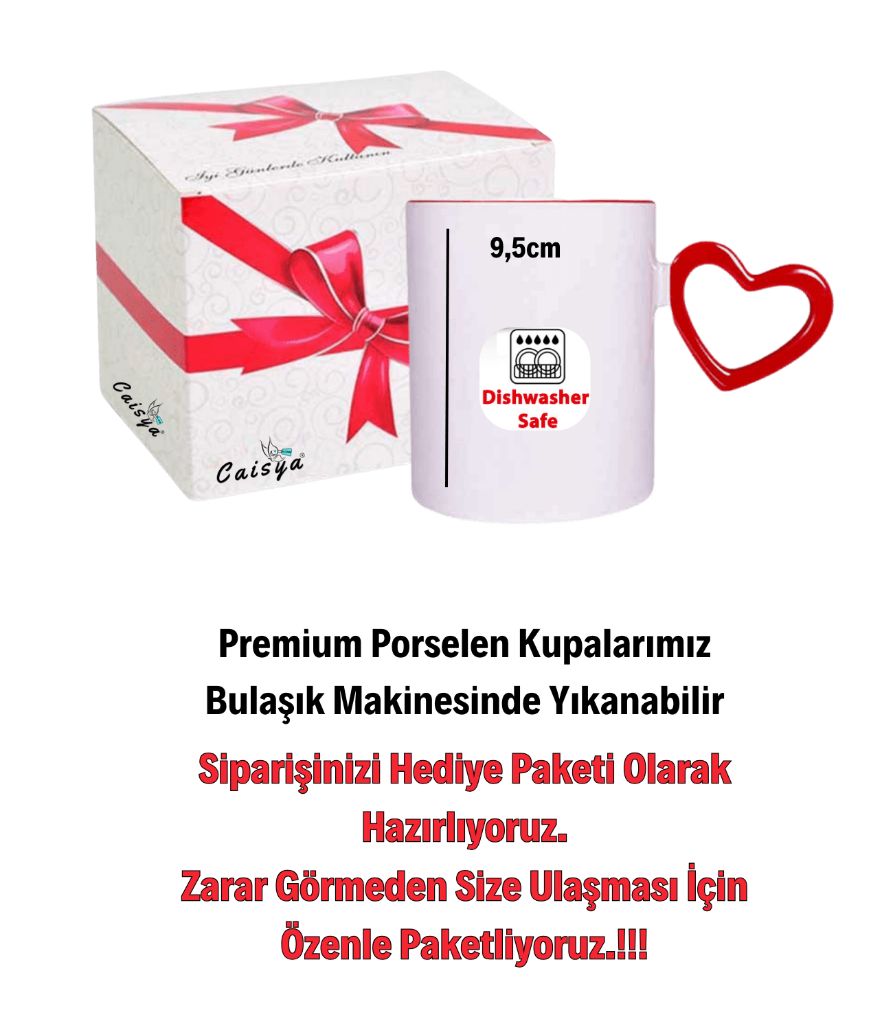 Varaklı Mavi Kelebek Baskılı Kırmızı Kalpli Porselen Kupa Bardak