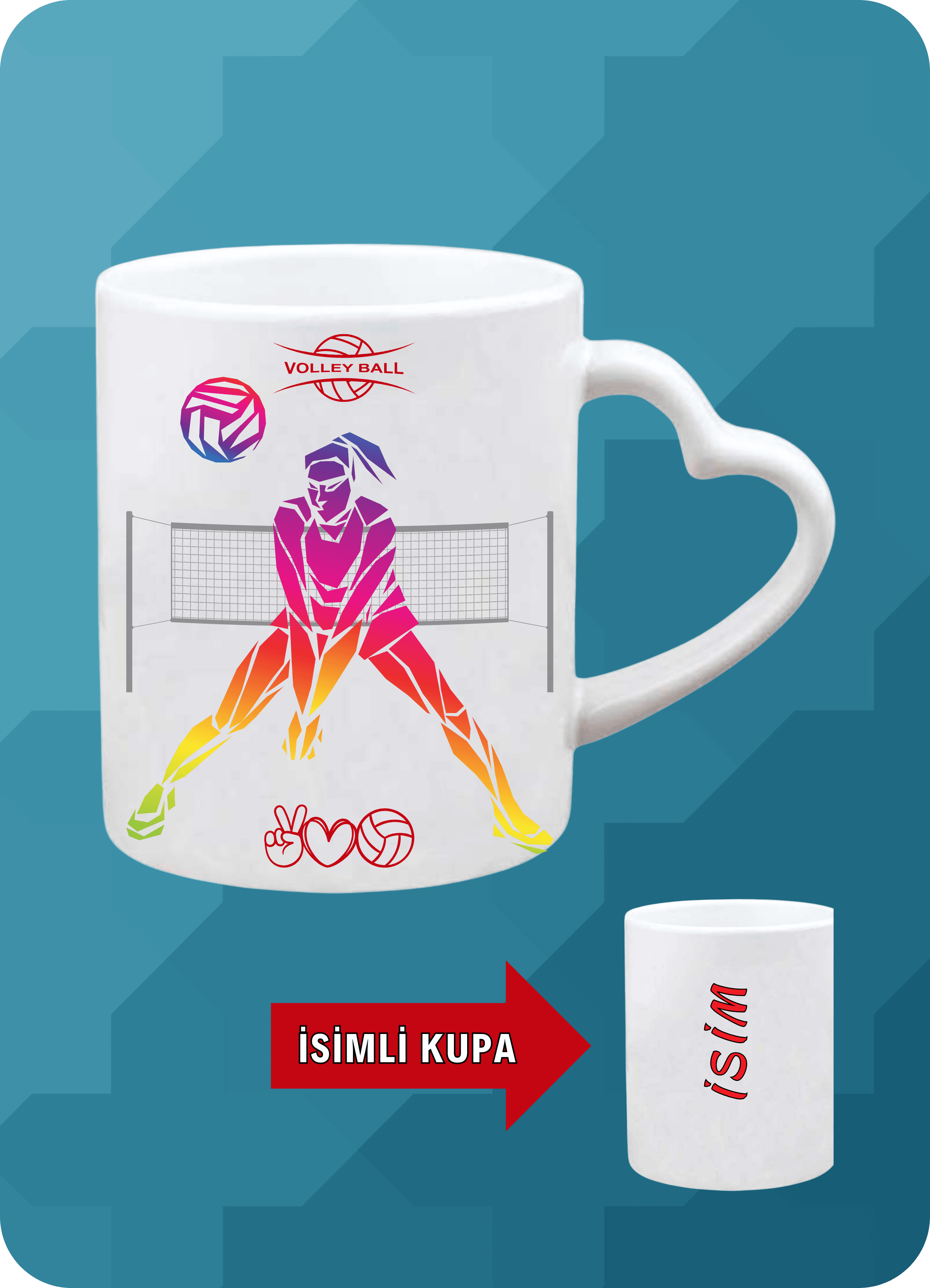 Voleybol Temalı Kadın Voleybolcu Kalpli Kulp Kupa Bardak Çay Kahve Fincanı-3