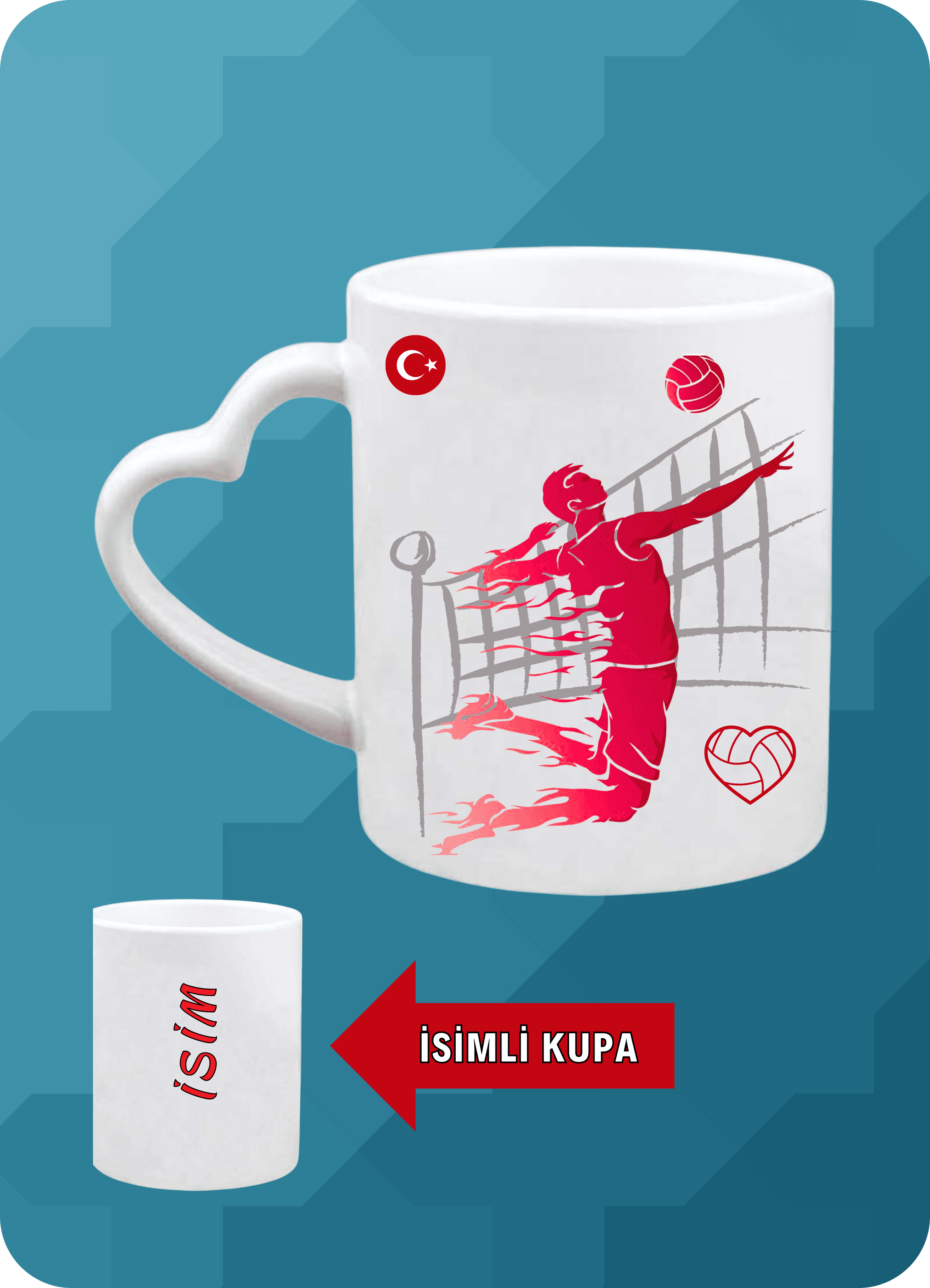 Voleybol Temalı Erkek Voleybolcu Kalpli Kulp Kupa Bardak Çay Kahve Fincanı-2