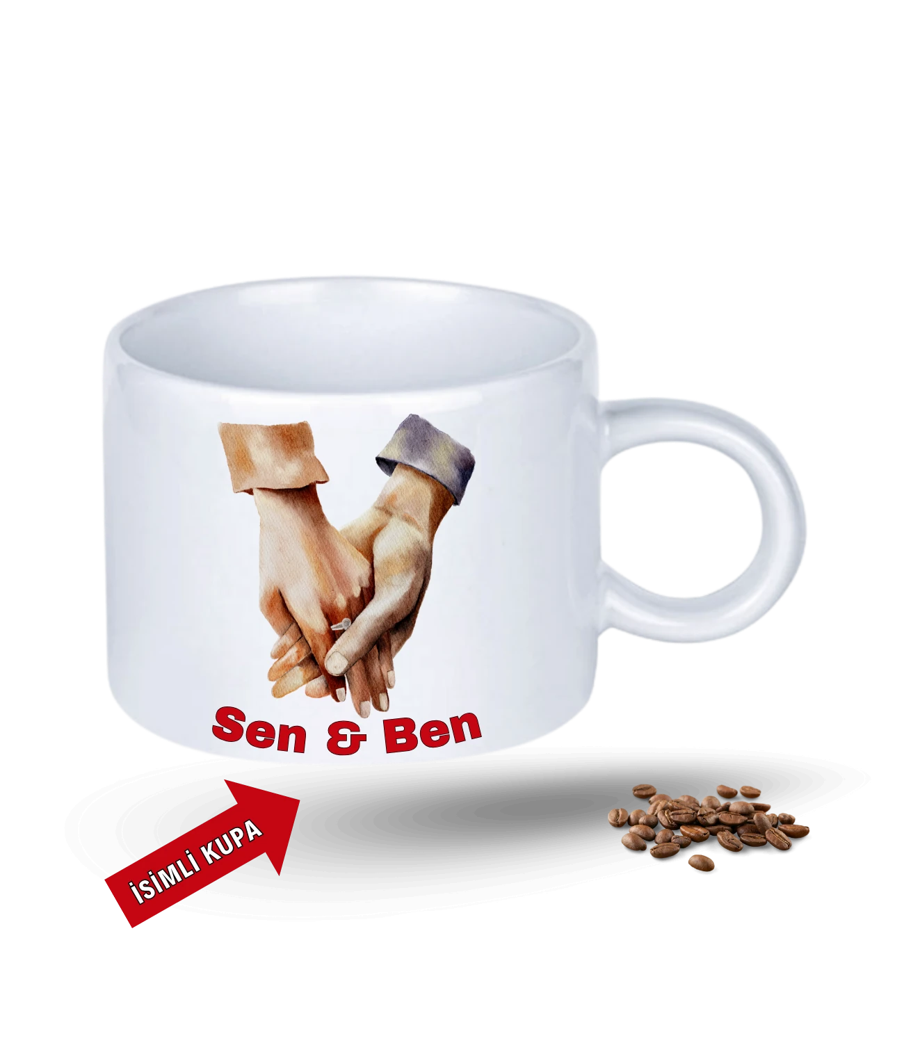 Aşk Temalı Sen ve Ben İsimli Kupa Kalpli Baskılı Porselen Motto Kupa Bardak-5
