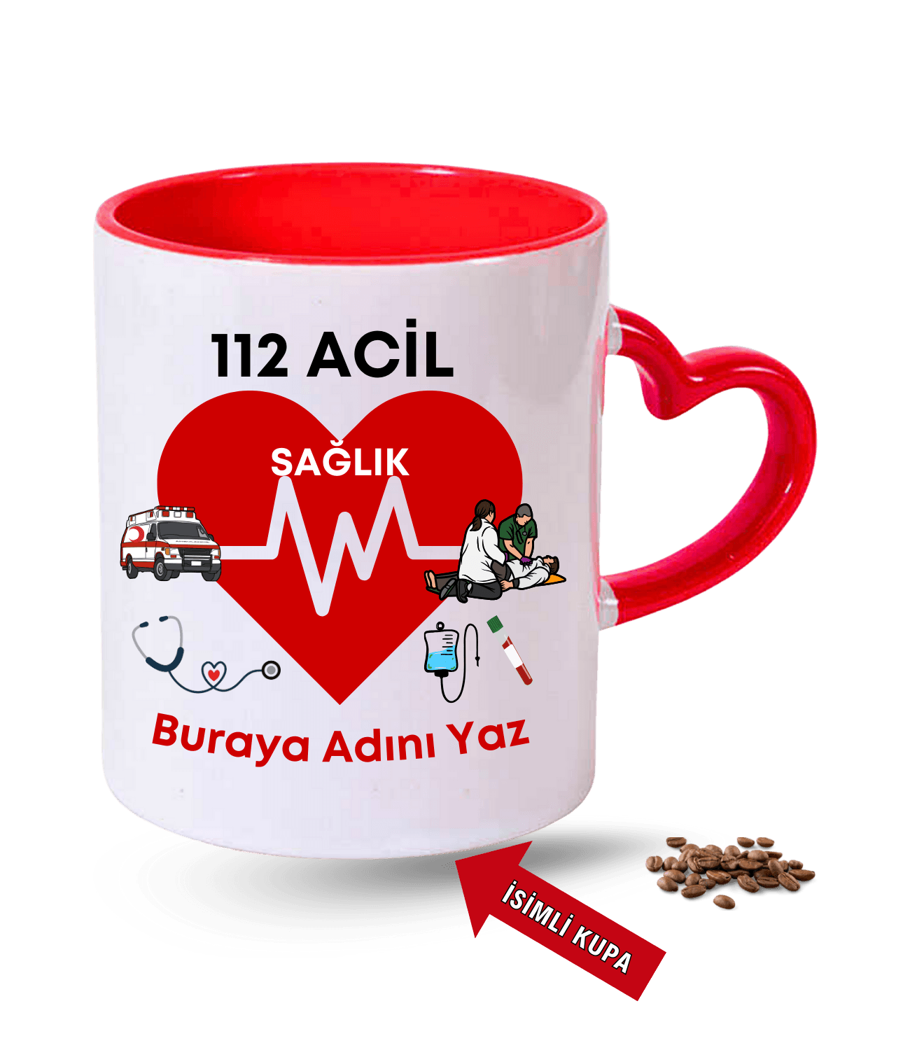 112 Acil Sağlık Temalı İsimli Kupa Baskılı Kırmızı Kalpli Porselen Kupa Bardak