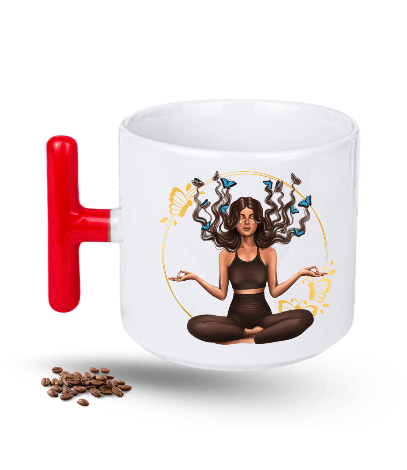 Yoga Temalı Kelebek Saçlı Kız Baskılı T Saplı Porselen Kupa Bardak