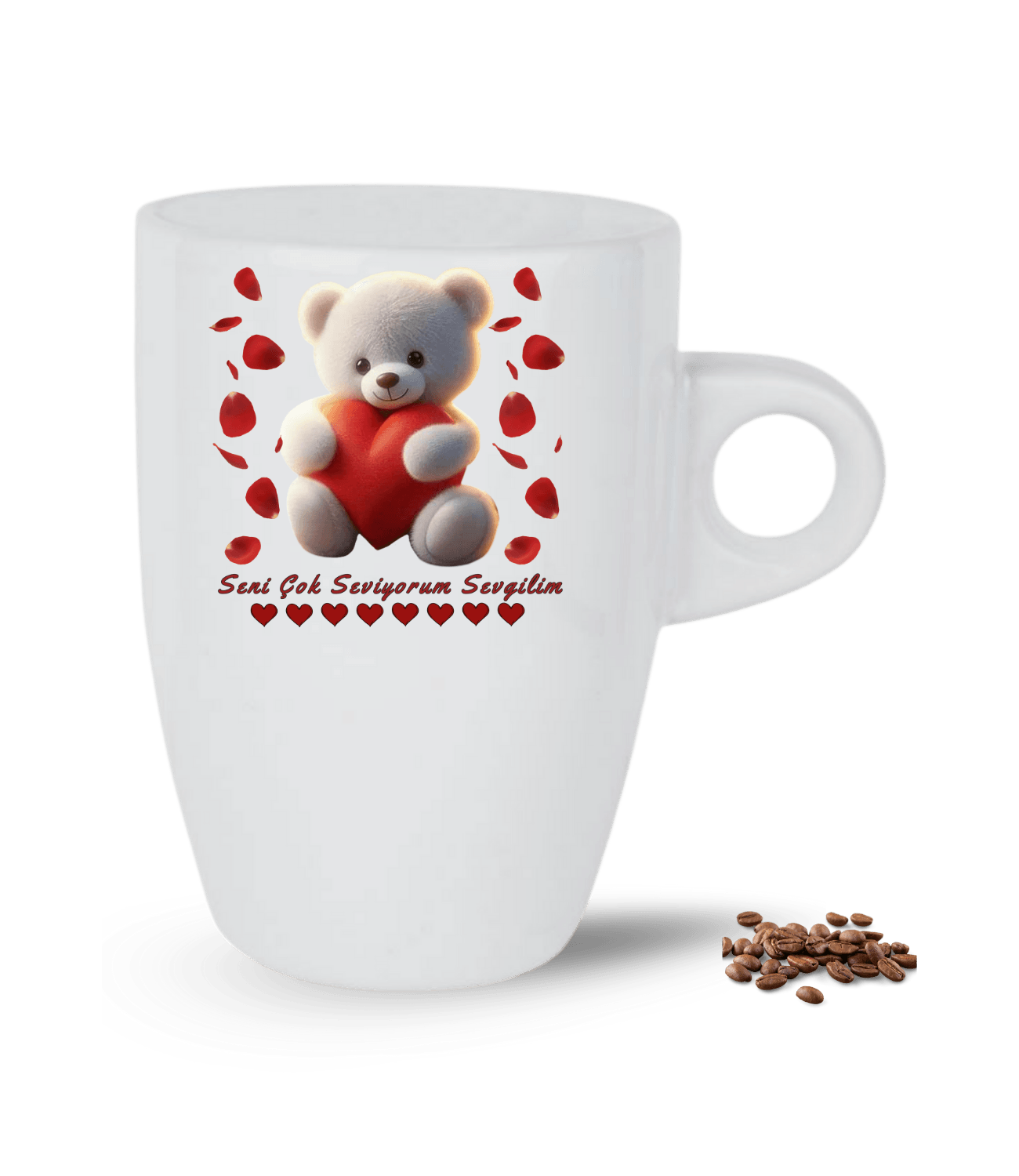 Ayıcık Seni Seviyorum Kalp Gül Baskılı Porselen Latte Kupa Bardak