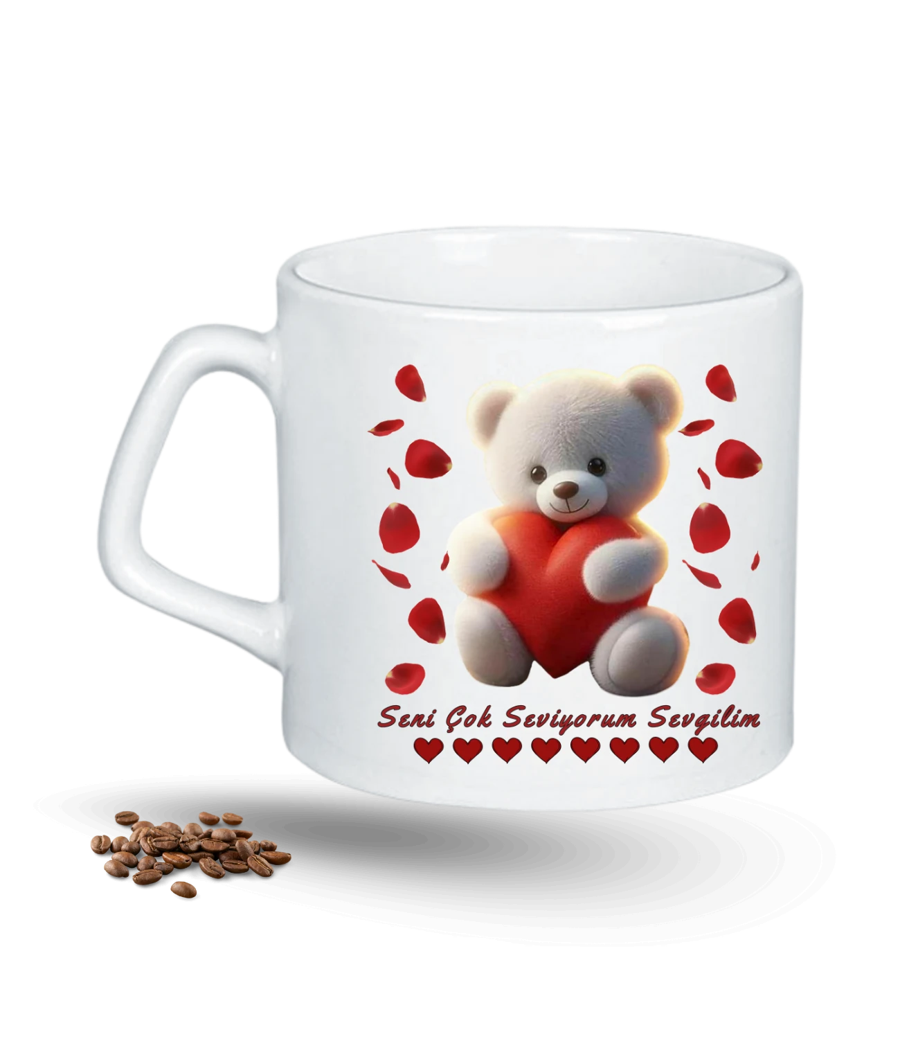 Ayıcık Seni Seviyorum Kalp Gül Baskılı Porselen Afilli Kupa Bardak