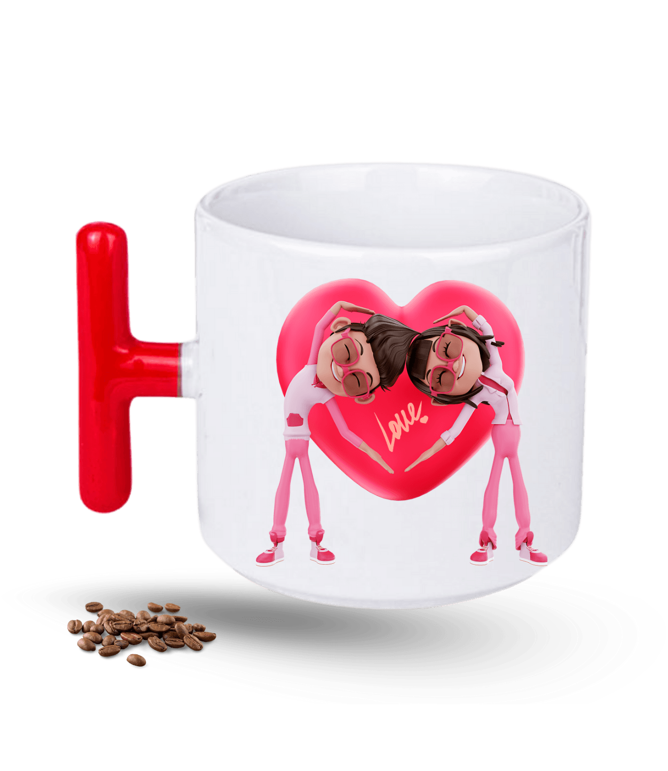 Aşk Temalı Sevgililer Love Kalp Baskılı T Saplı Porselen Kupa Bardak