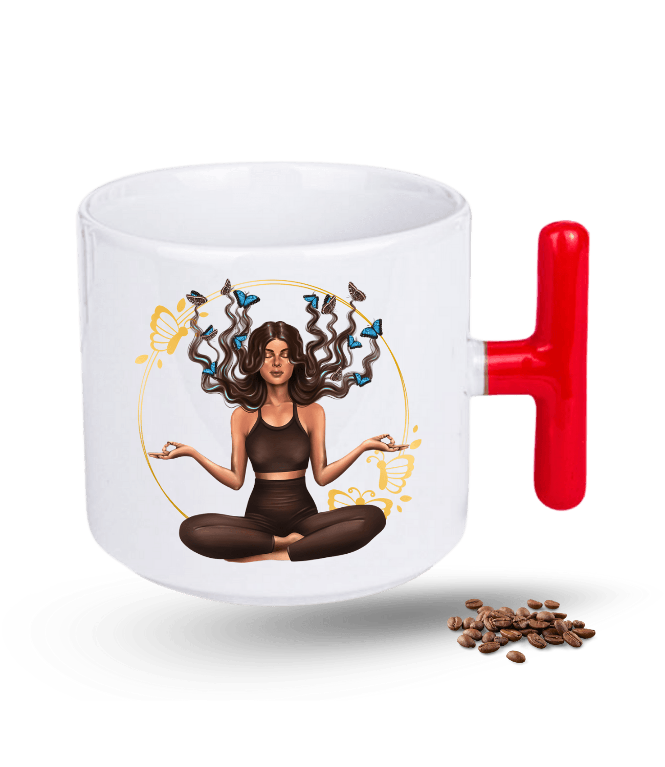 Yoga Temalı Kelebek Saçlı Kız Baskılı T Saplı Porselen Kupa Bardak