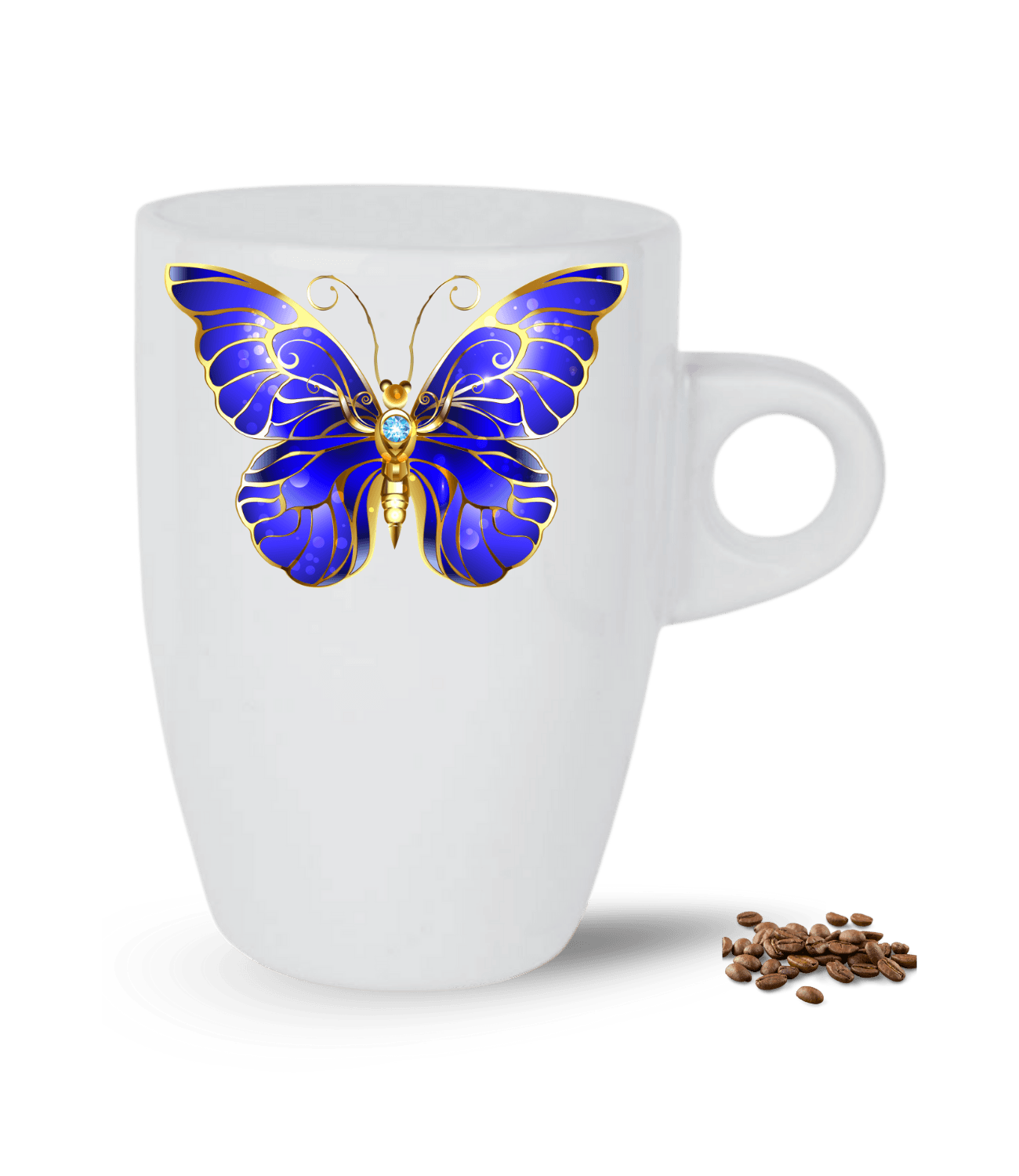 Varaklı Mavi Kelebek Baskılı Porselen Latte Kupa Bardak