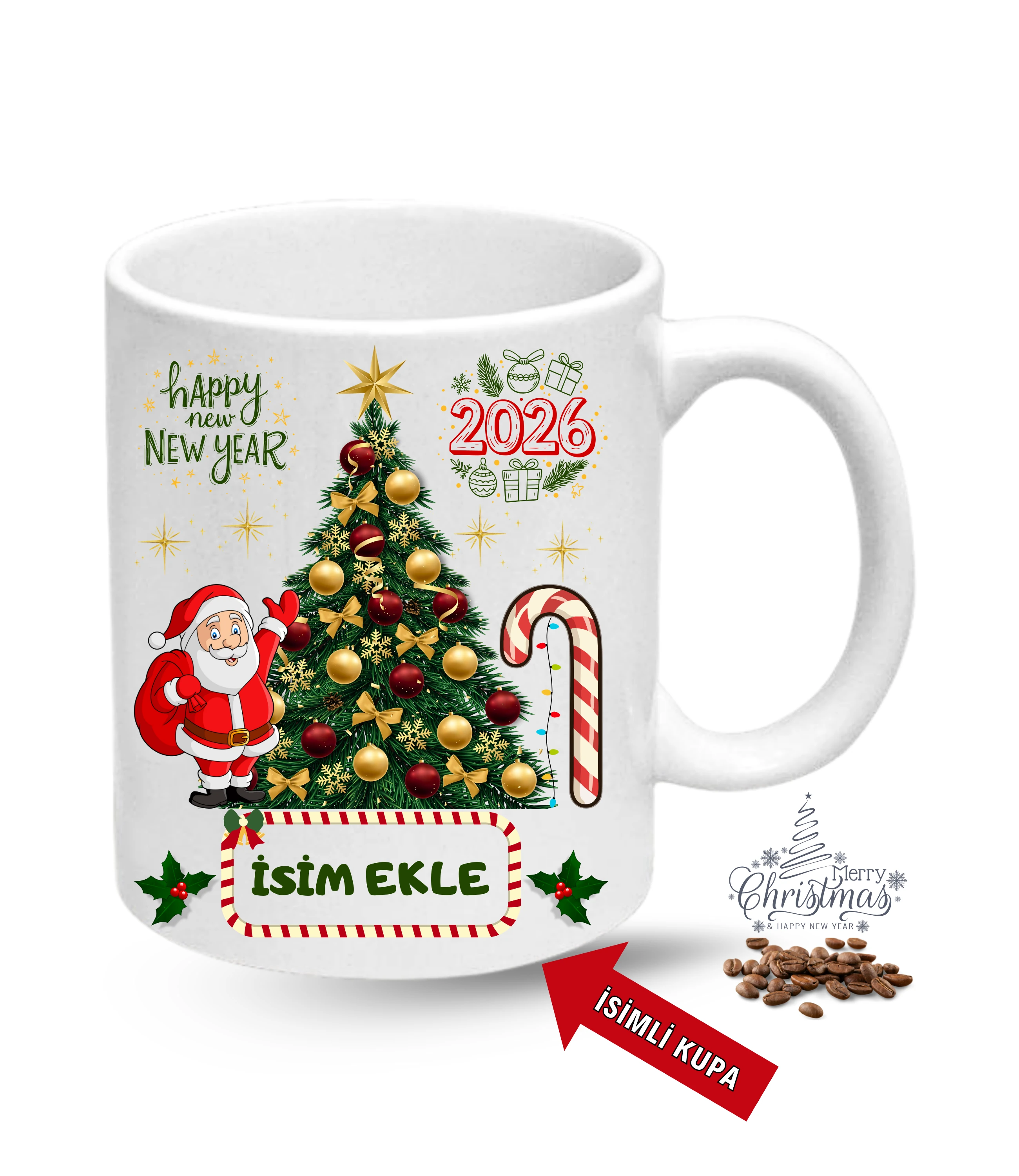 Yılbaşı Hediyesi Christmas Çam Ağacı İsimli Baskılı Porselen Kupa Bardak