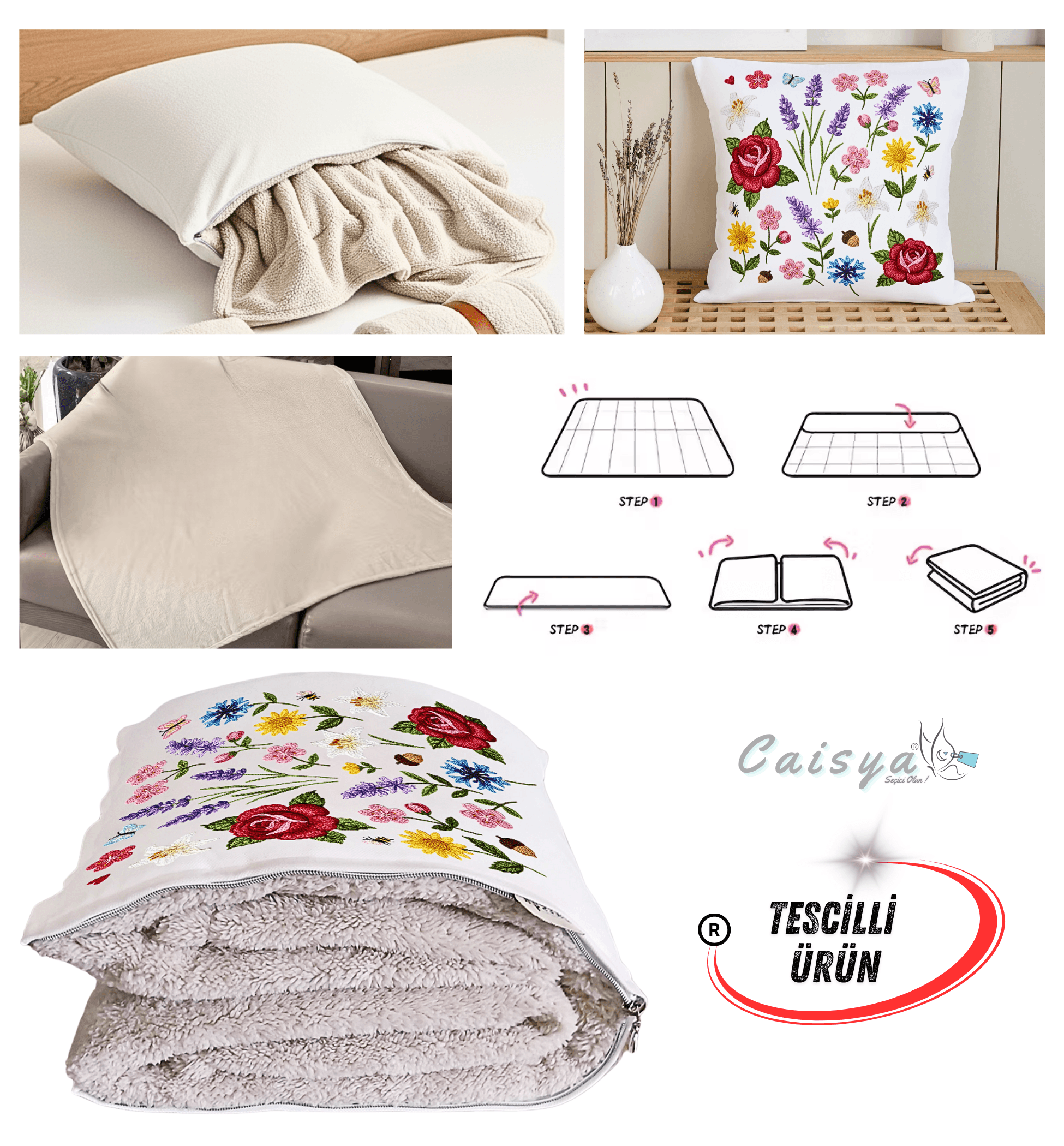 Nakış İşleme Çiçekler Efektli Baskılı Tv Battaniyesi Olabilen Dekoratif Yastık Kırlent Battaniye