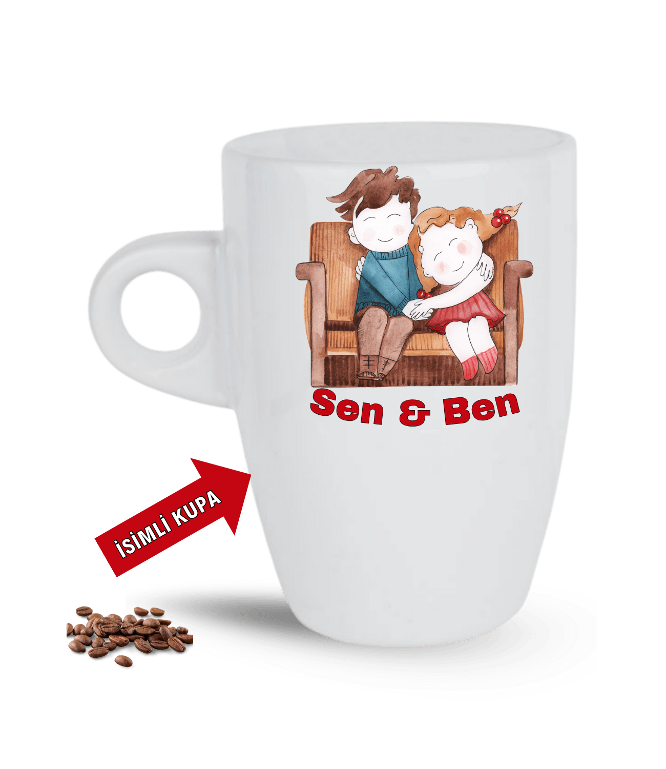 Aşk Temalı Sen ve Ben İsimli Kupa Kalpli Baskılı Porselen Latte Kupa Bardak-6