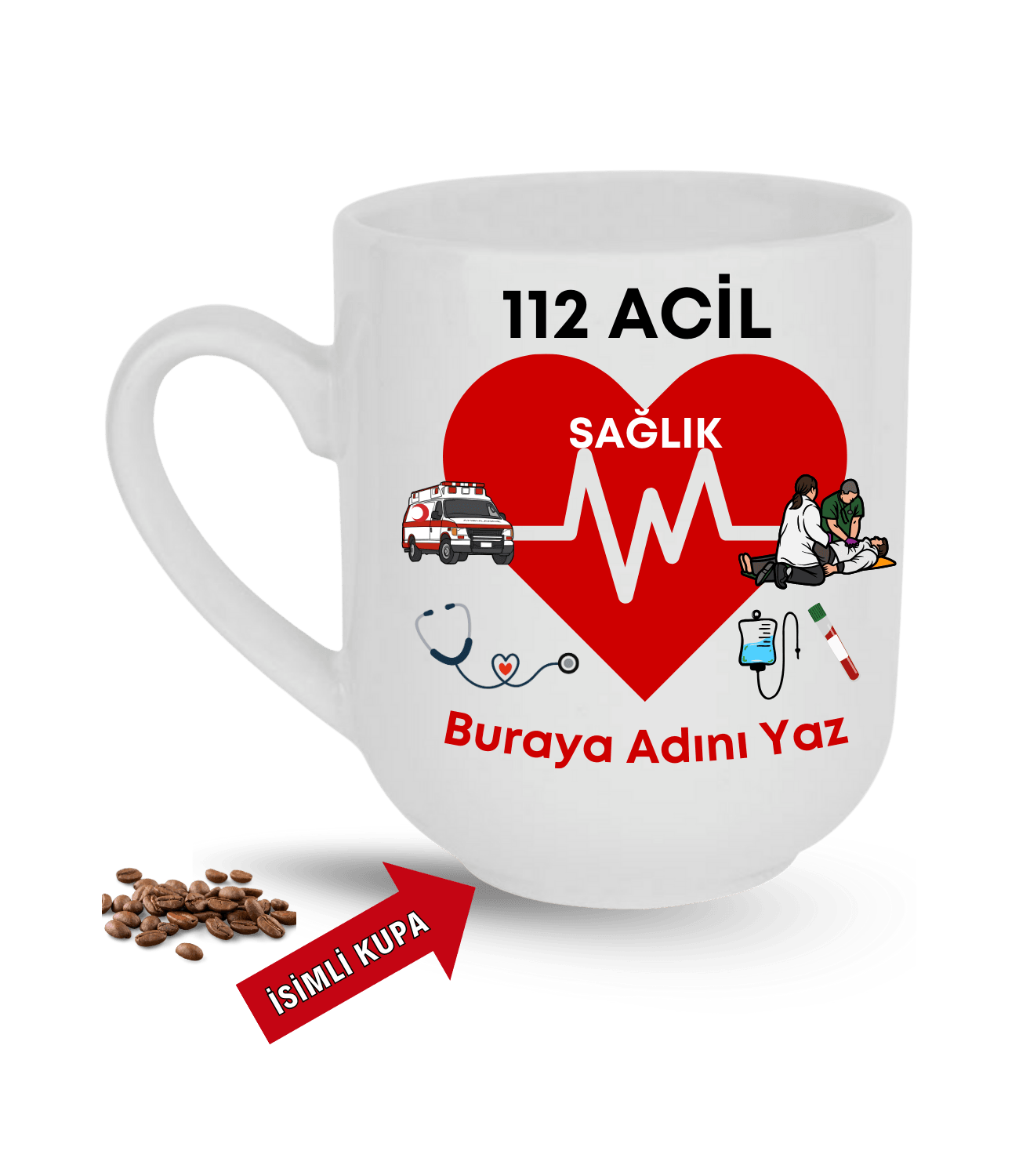 112 Acil Sağlık Temalı İsimli Kupa Baskılı Elit Lüx Porselen Kupa Bardak