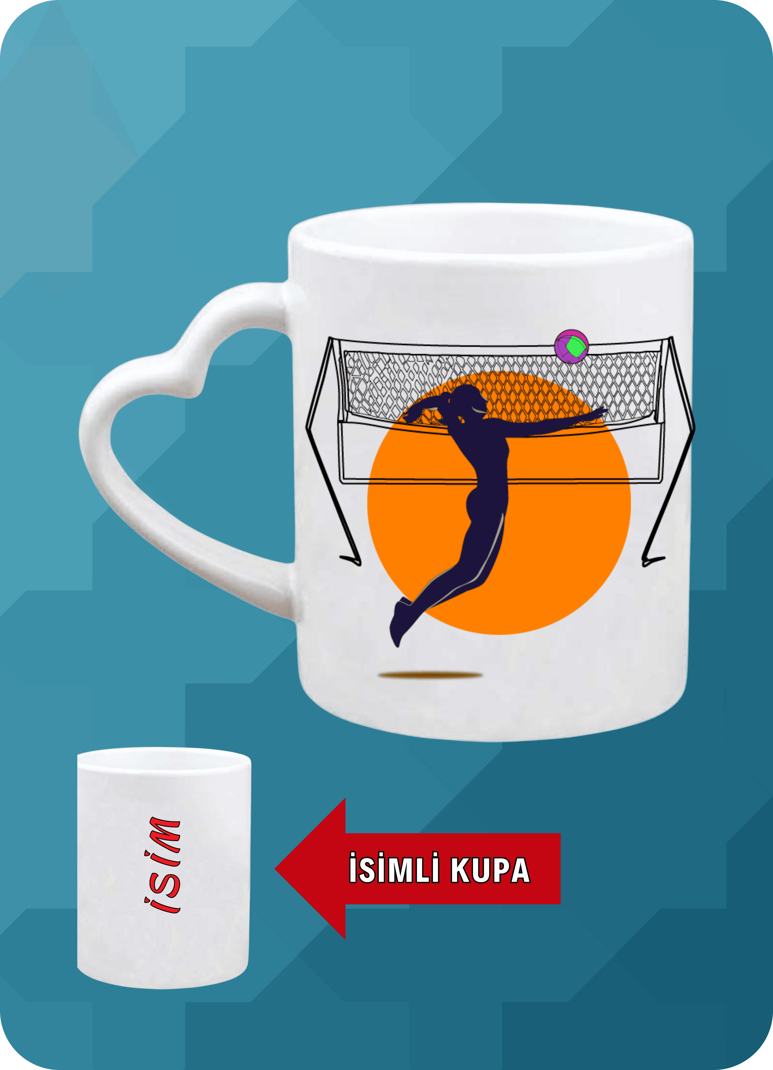 Voleybol Temalı Kadın Voleybolcu Kalpli Kulp Kupa Bardak Çay Kahve Fincanı-4