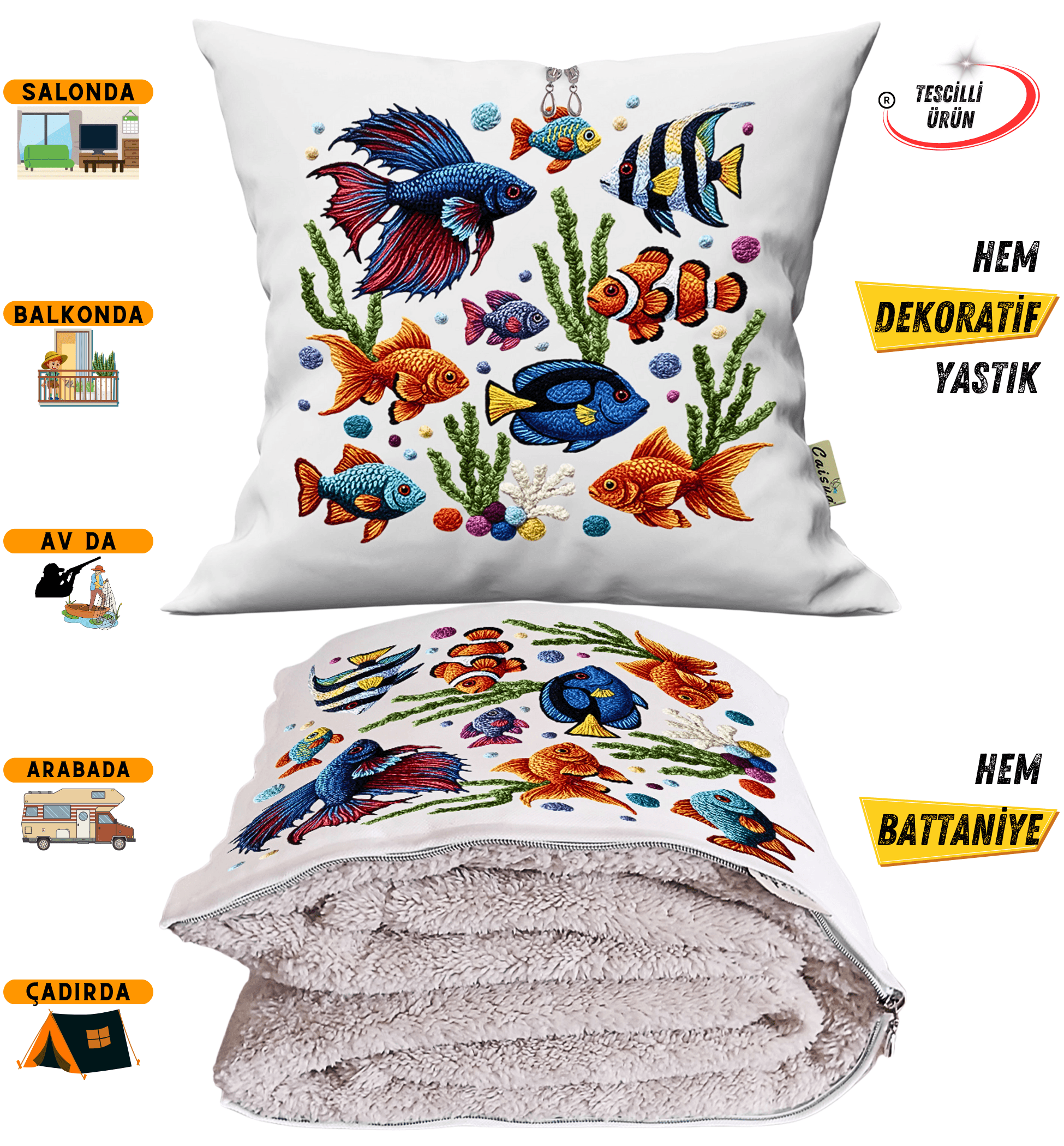 Nakışlı Punch Efektli Balıklar Baskılı Tv Battaniyesi Olabilen Dekoratif Yastık Kırlent Battaniye