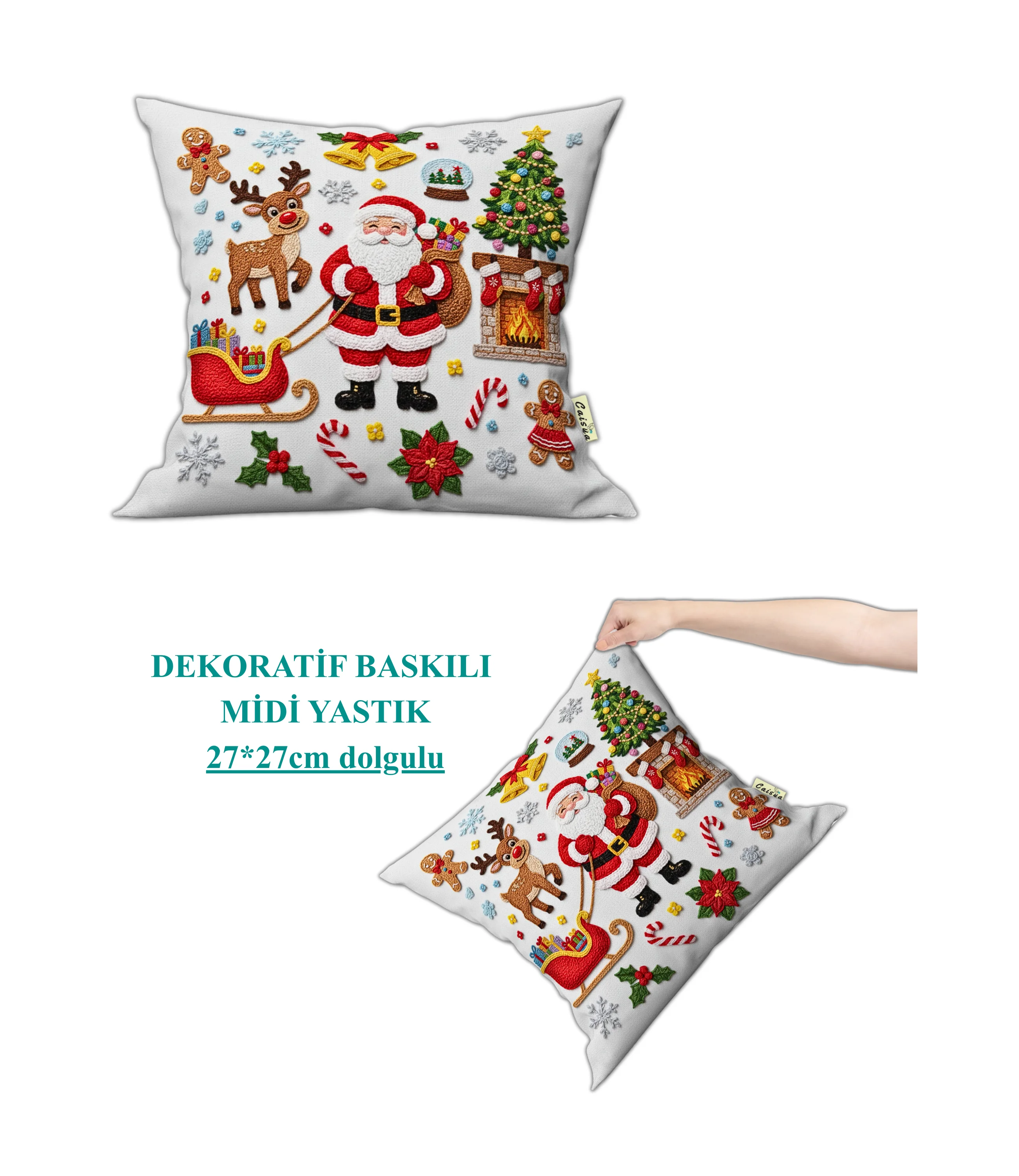 Christmas Noel Baba Temalı Nakışlı Efekt Baskılı Hediyelik Dekoratif Midi Yastık Kırlent 27x27cm Dolgulu