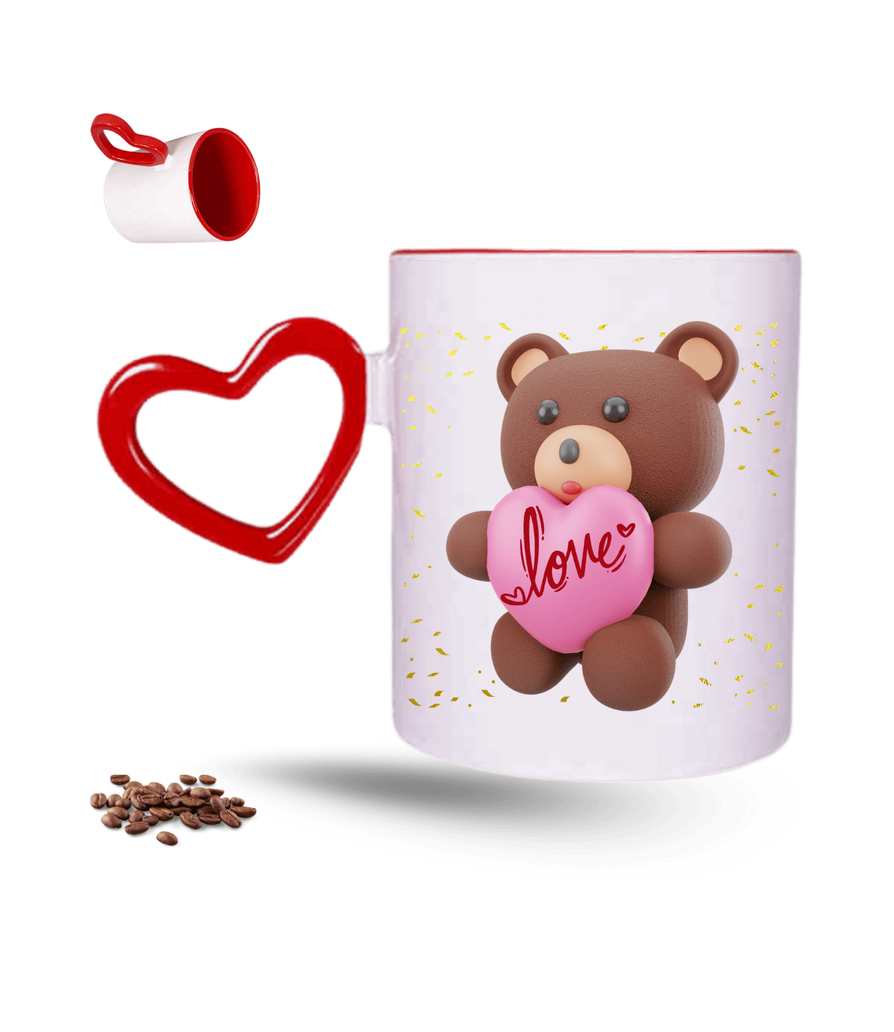 Aşk Temalı Love Ayıcık Baskılı Kırmızı Kalpli Porselen Kupa Bardak