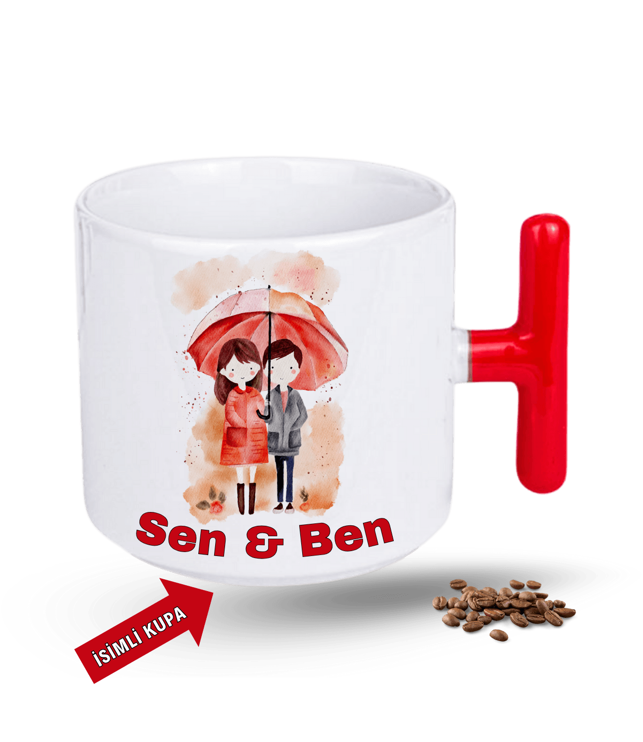 Aşk Temalı Sen ve Ben İsimli Kupa Kalpli Baskılı T Saplı Porselen Kupa Bardak-4