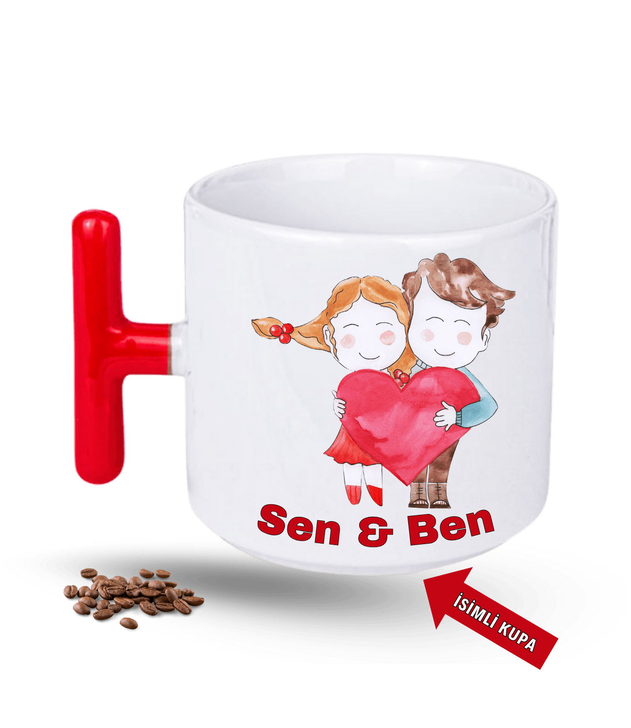 Aşk Temalı Sen ve Ben İsimli Kupa Kalpli Baskılı T Saplı Porselen Kupa Bardak-1