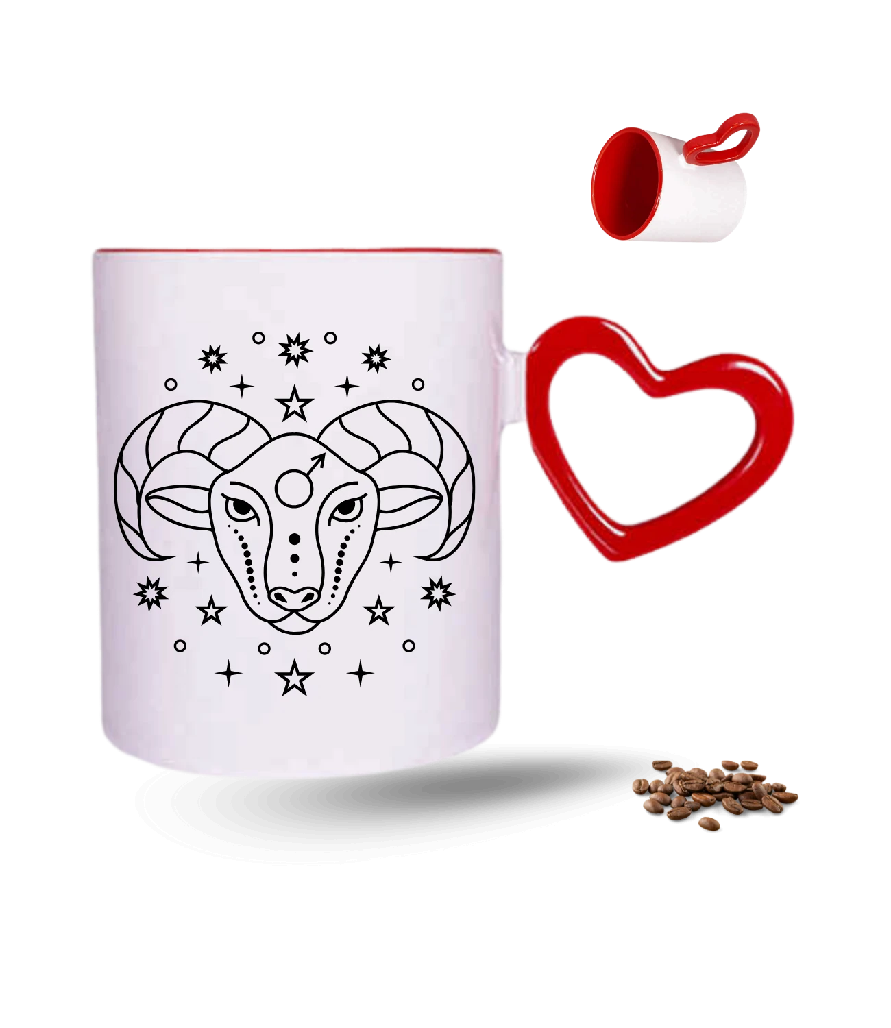 Koç Burcu Zodyak Baskılı Kırmızı Kalpli Porselen Kupa Bardak
