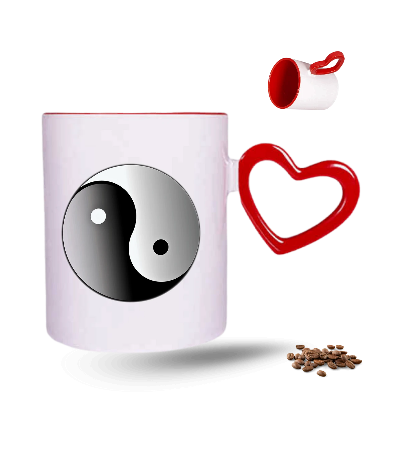 Zodyak Temalı Ying Yang Denge Baskılı Kırmızı Kalpli Porselen Kupa Bardak