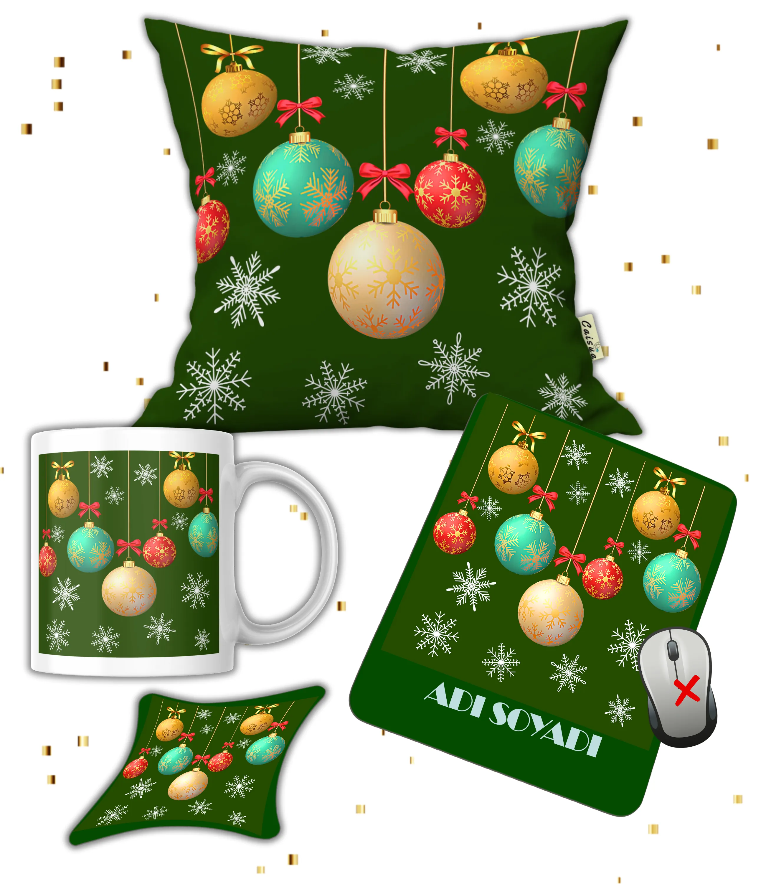 Yılbaşı Hediye Seti Christmas Temalı Baskılı Kupa Yastık İsimli Mause Ped Bardak Altlığı