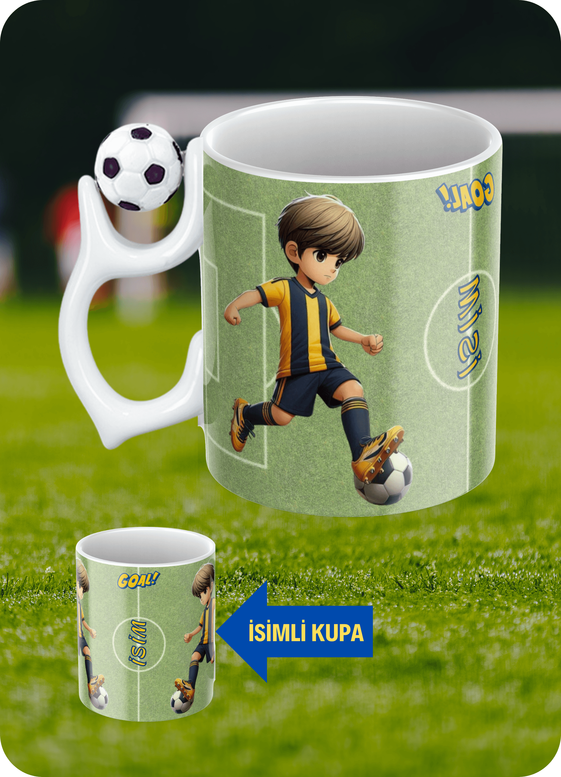 Futbol Toplu Sarı Lacivert Formalı Futbolcu İsimli Taraftar Kupa Bardak Çay Kahve Fincanı