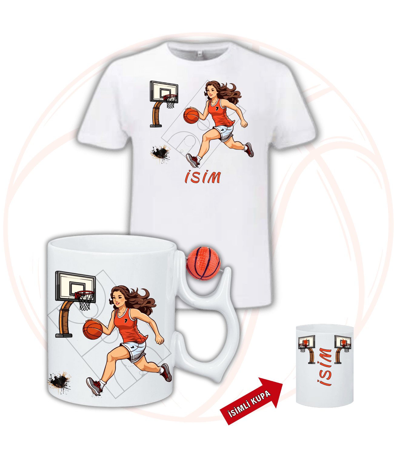 Basketbol Kadın Oyunculu Basketbol Toplu Kupa + Baskılı Pamuklu Tişört Kombin-1