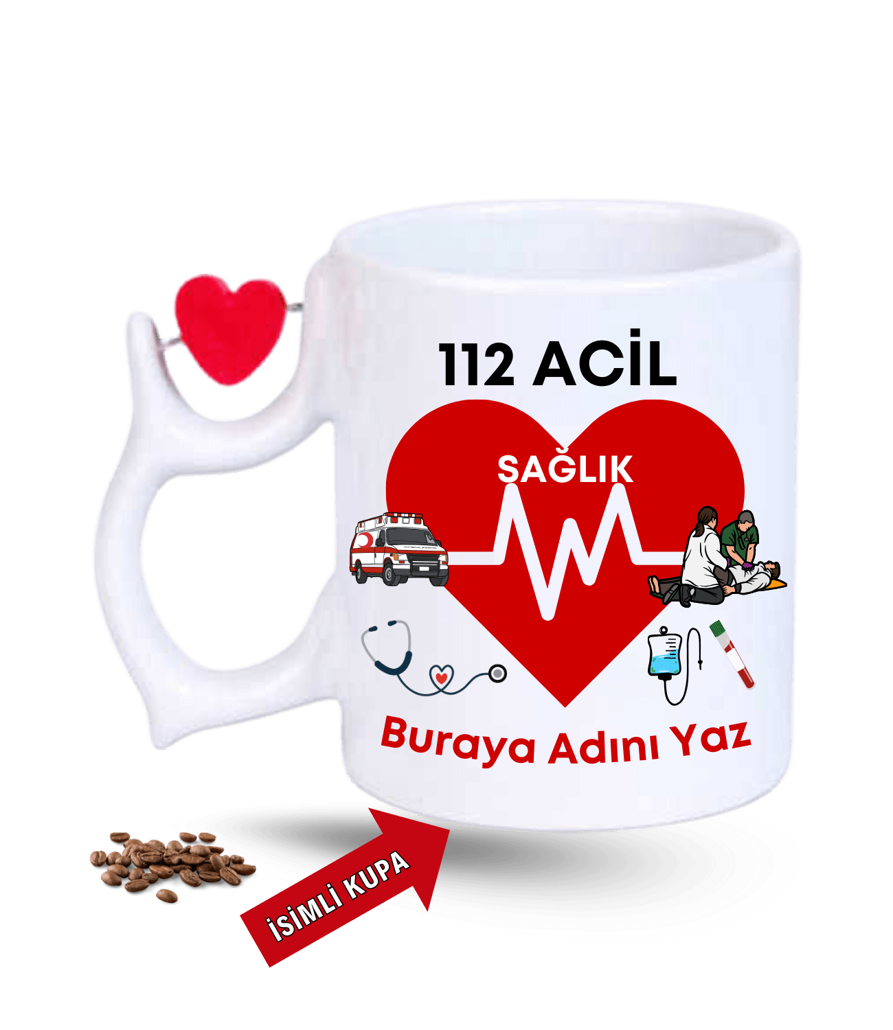 112 Acil Sağlık Temalı İsimli Kupa Baskılı Porselen Dönen Kalp Figürlü Kupa Bardak