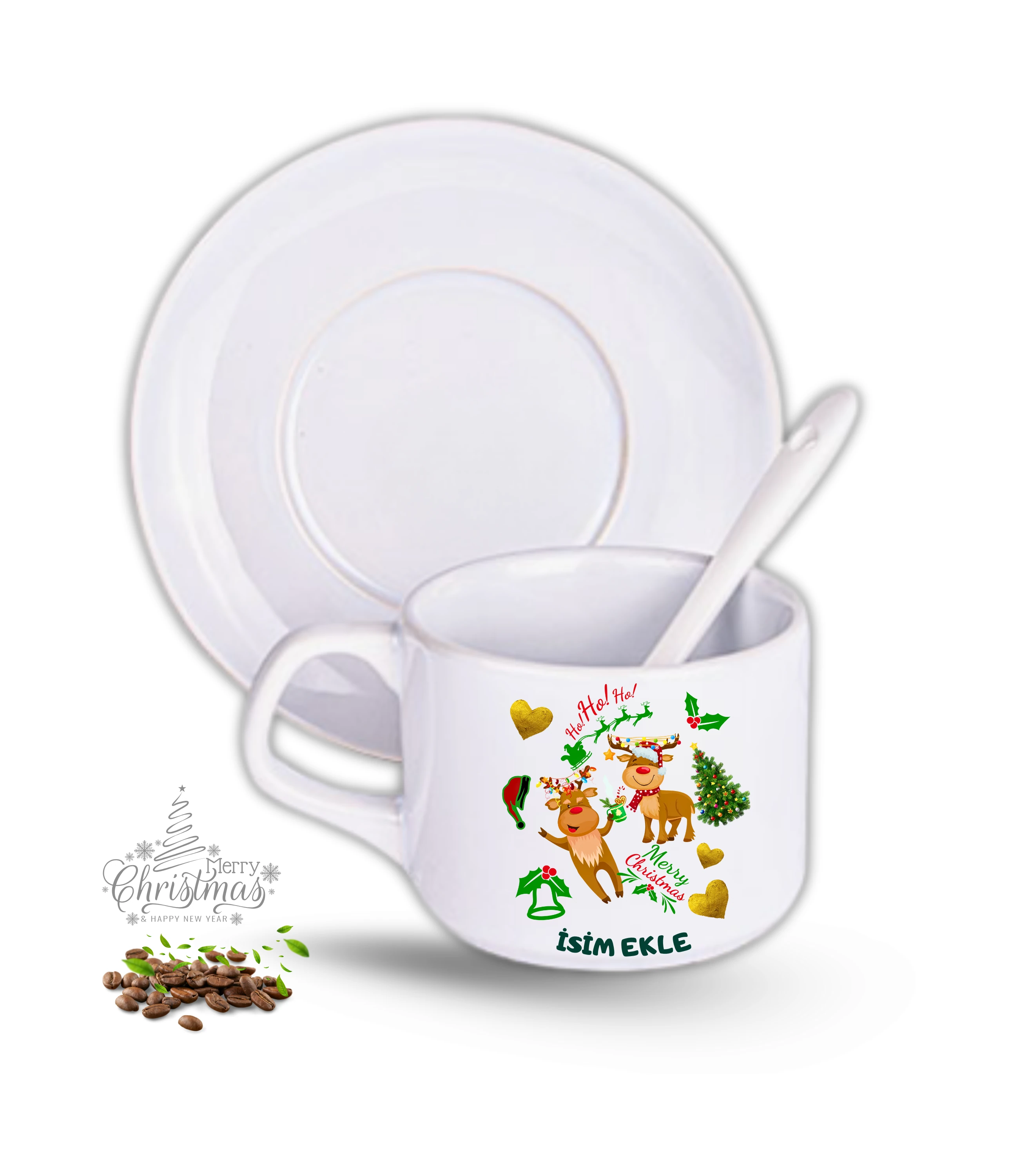 Yılbaşı Hediyesi İsimli Kurabiye Baskılı 2li Set Porselen Çay Kahve Fincan Seti