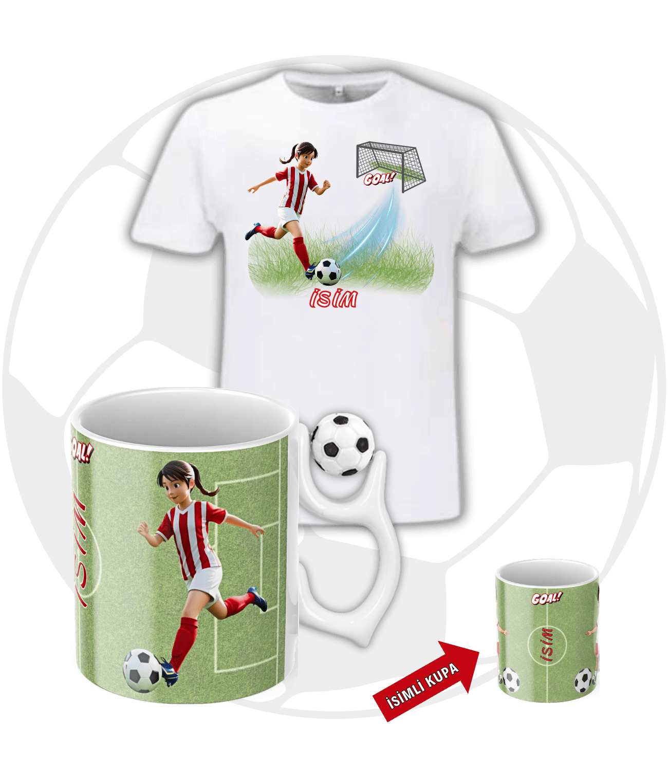 Milli Takım Kadın Futbolcu Futbol Toplu Kupa + Baskılı Pamuklu Tişört Kombin