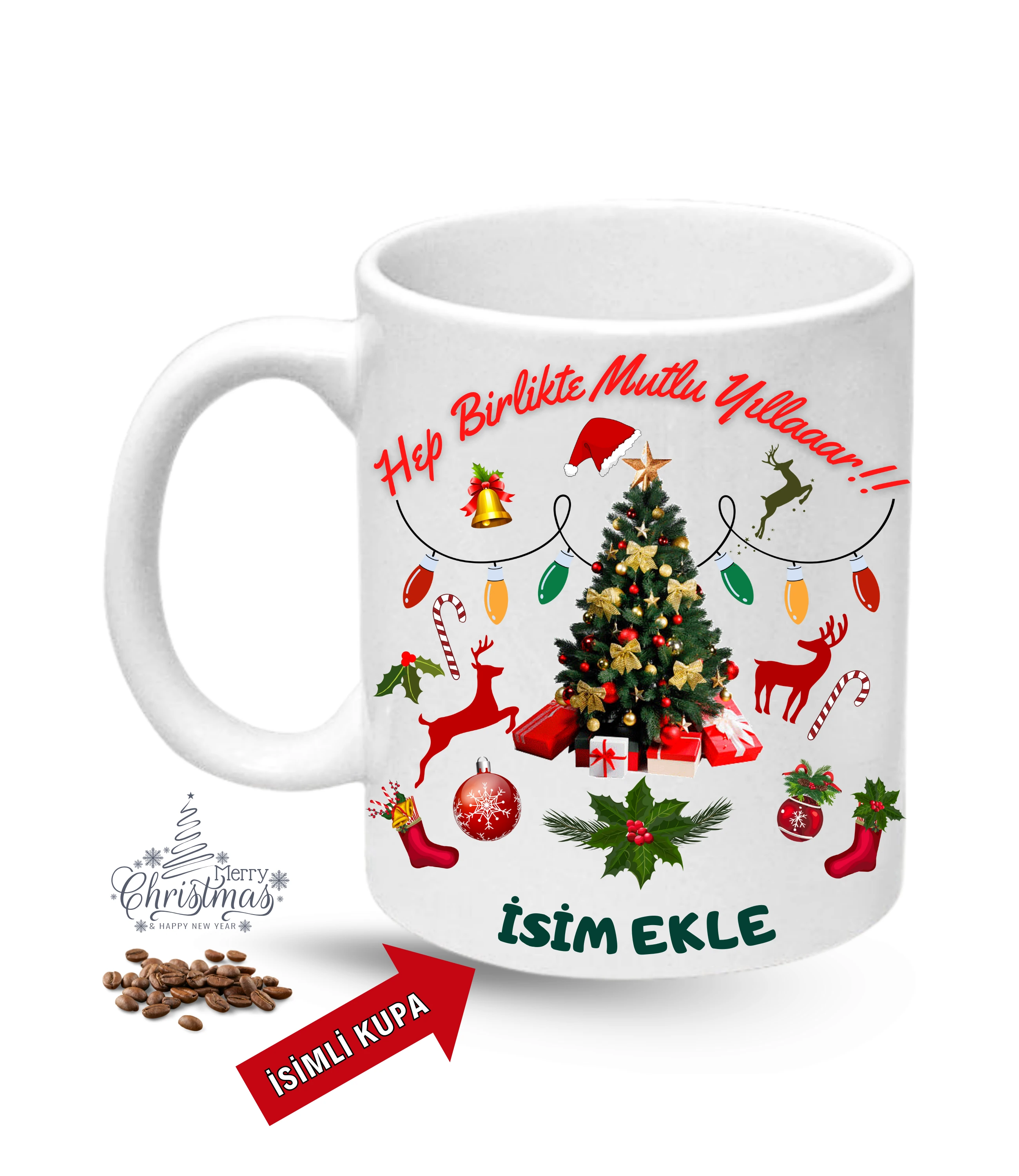 Yılbaşı Hediyesi Mutlu Yıllar Çam Ağacı İsimli Baskılı Porselen Kupa Bardak