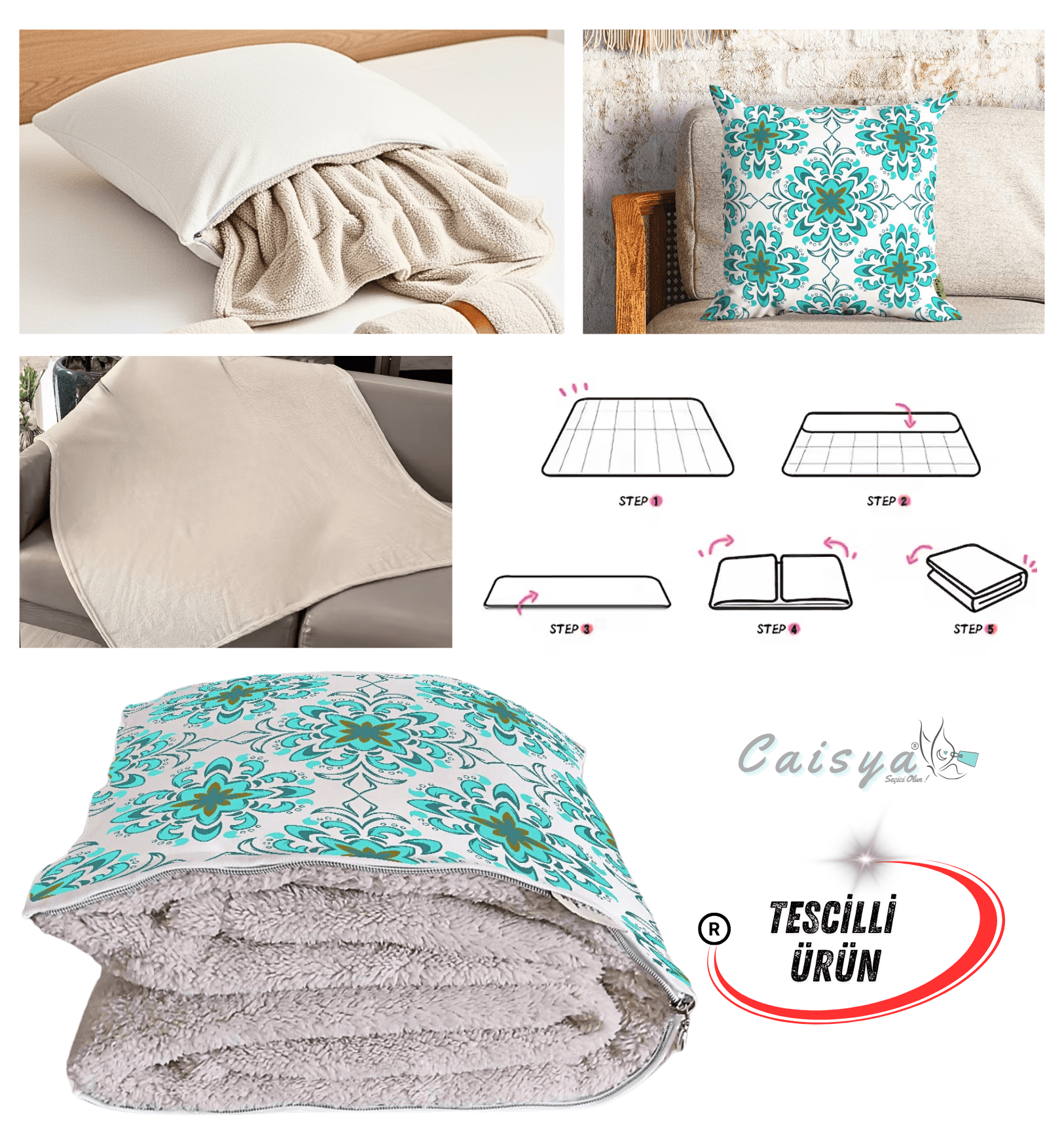 Aqua Vintage Modern Desen Tv Battaniyeli Opsiyonel Dekoratif Yastık Kırlent 2 in 1 Battaniye
