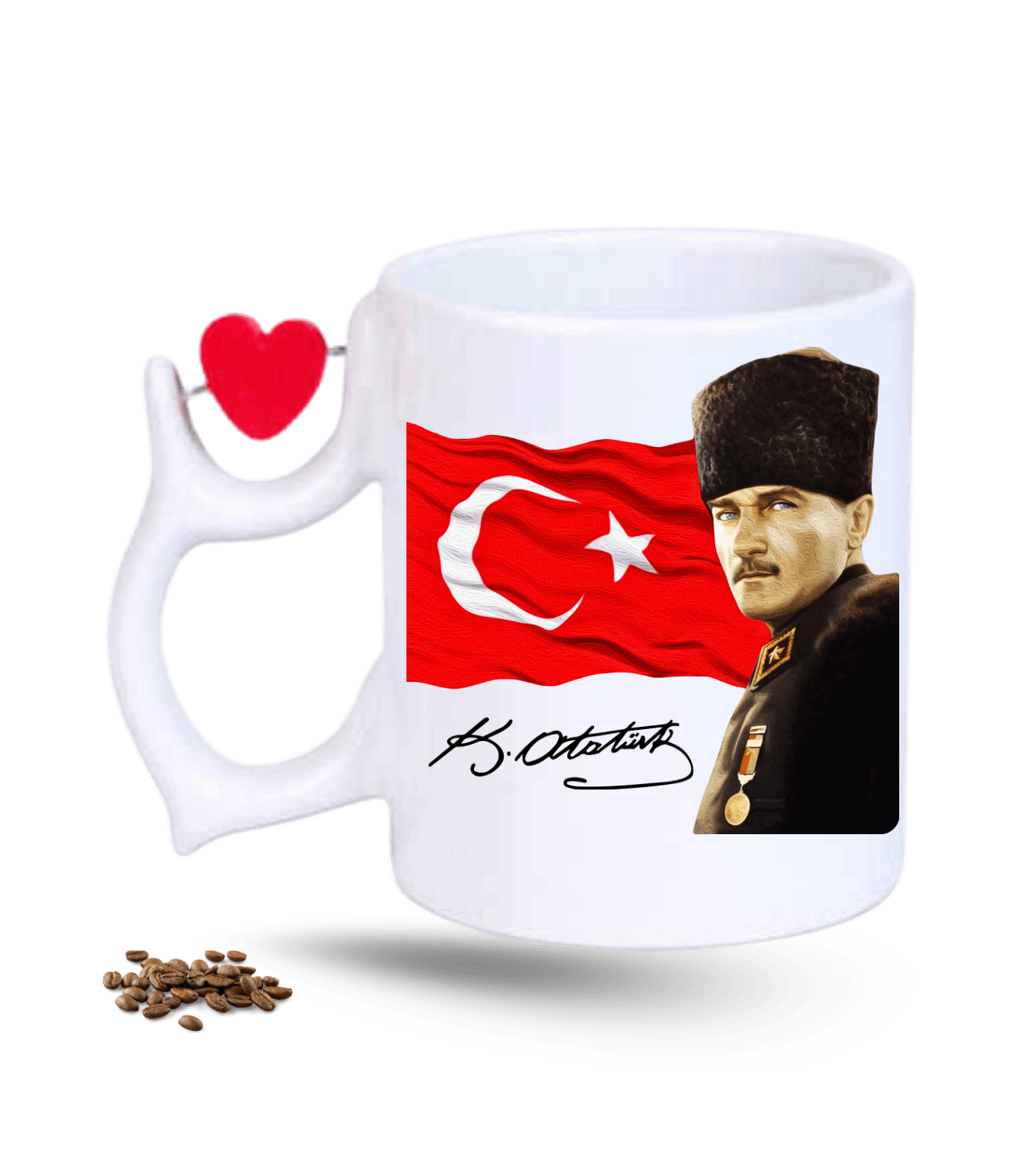 Atatürk İmza Temalı Bayrak Baskılı Porselen Dönen Kalp Figürlü Kupa Bardak