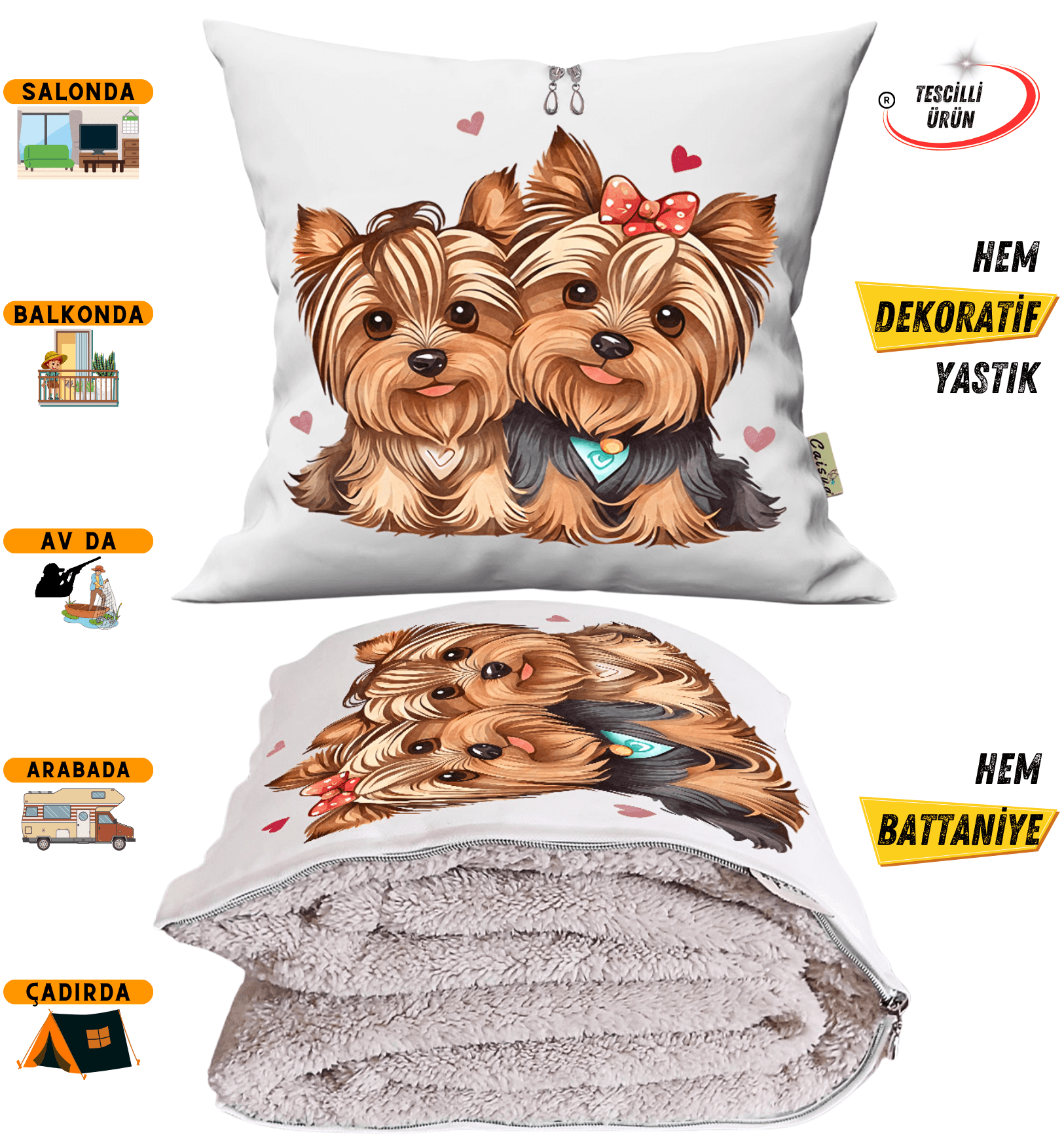 Terrier Dogs Köpek Baskılı Tv Battaniyeli Opsiyonel Dekoratif Yastık Kırlent 2 in 1 Battaniye