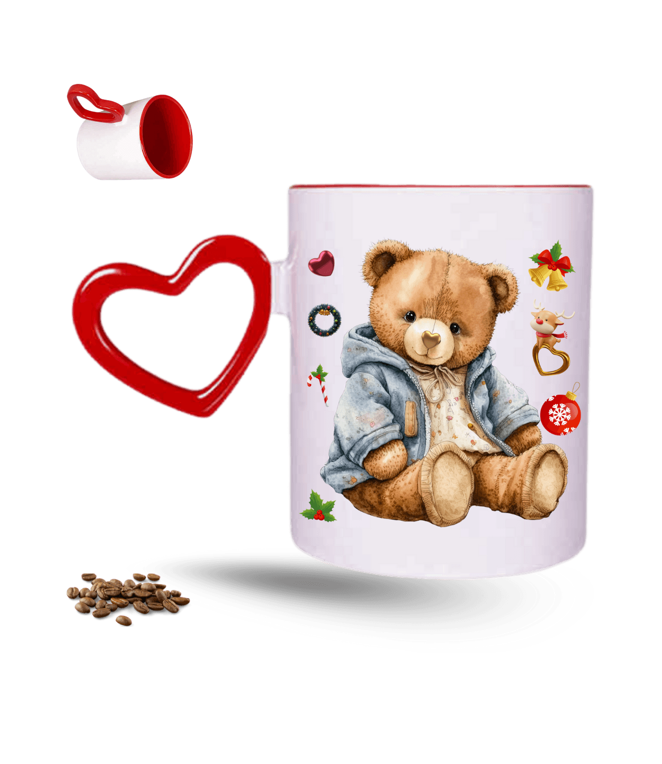 Noel Temalı Yılbaşı Teddy Ayıcık Baskılı Kırmızı Kalpli Porselen Kupa Bardak