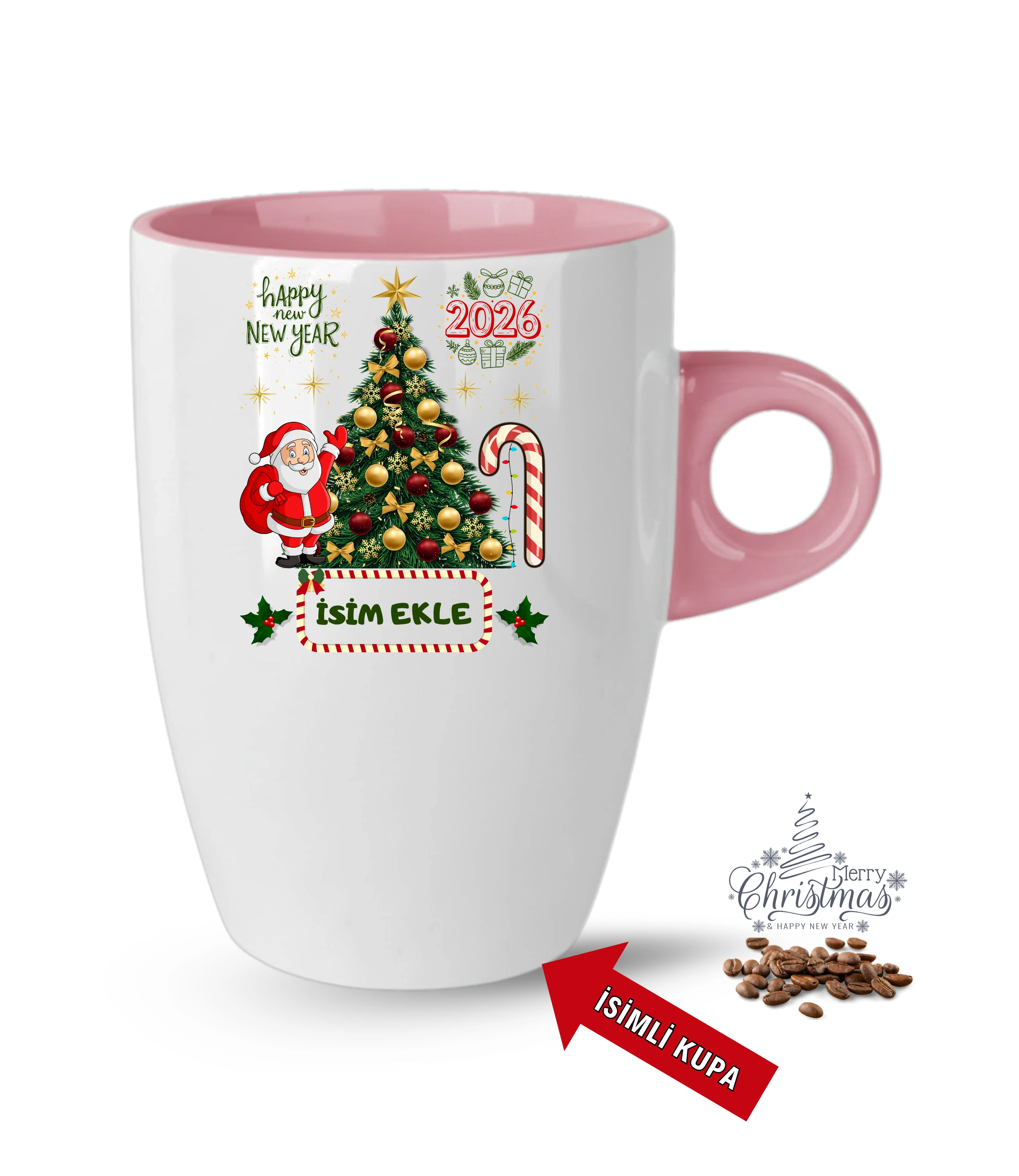 Yılbaşı Hediyesi Christmas Çam Ağacı İsimli Baskılı Porselen Latte Kupa Bardak