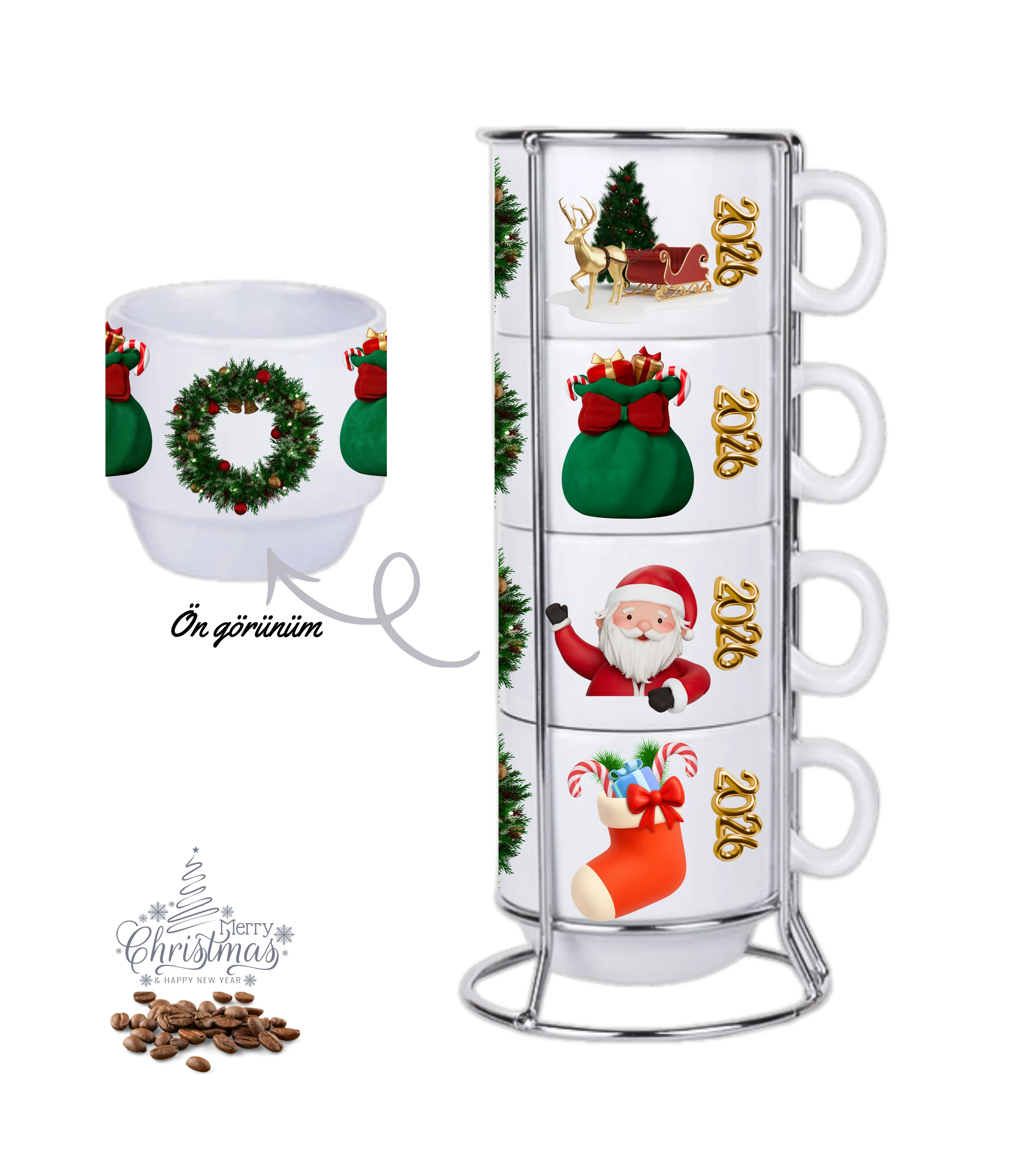 Yılbaşı Temalı Baskılı 4lü Standlı Hediyelik Porselen Çay Kahve Fincan Seti