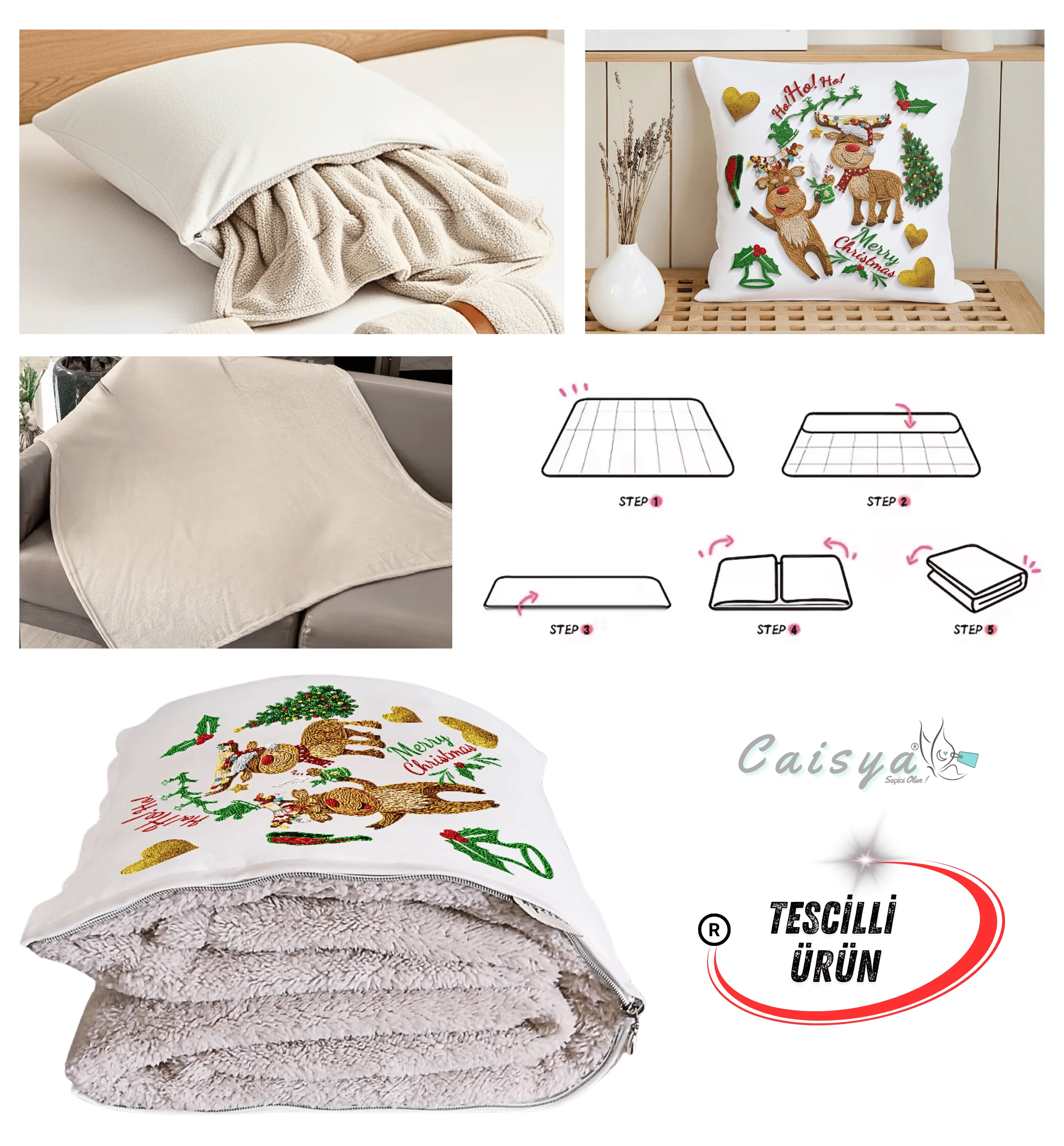 Yılbaşı Kurabiye Nakışlı Punch Efekt Baskılı Tv Battaniye Olabilen Dekoratif Yastık 2in1 Battaniye