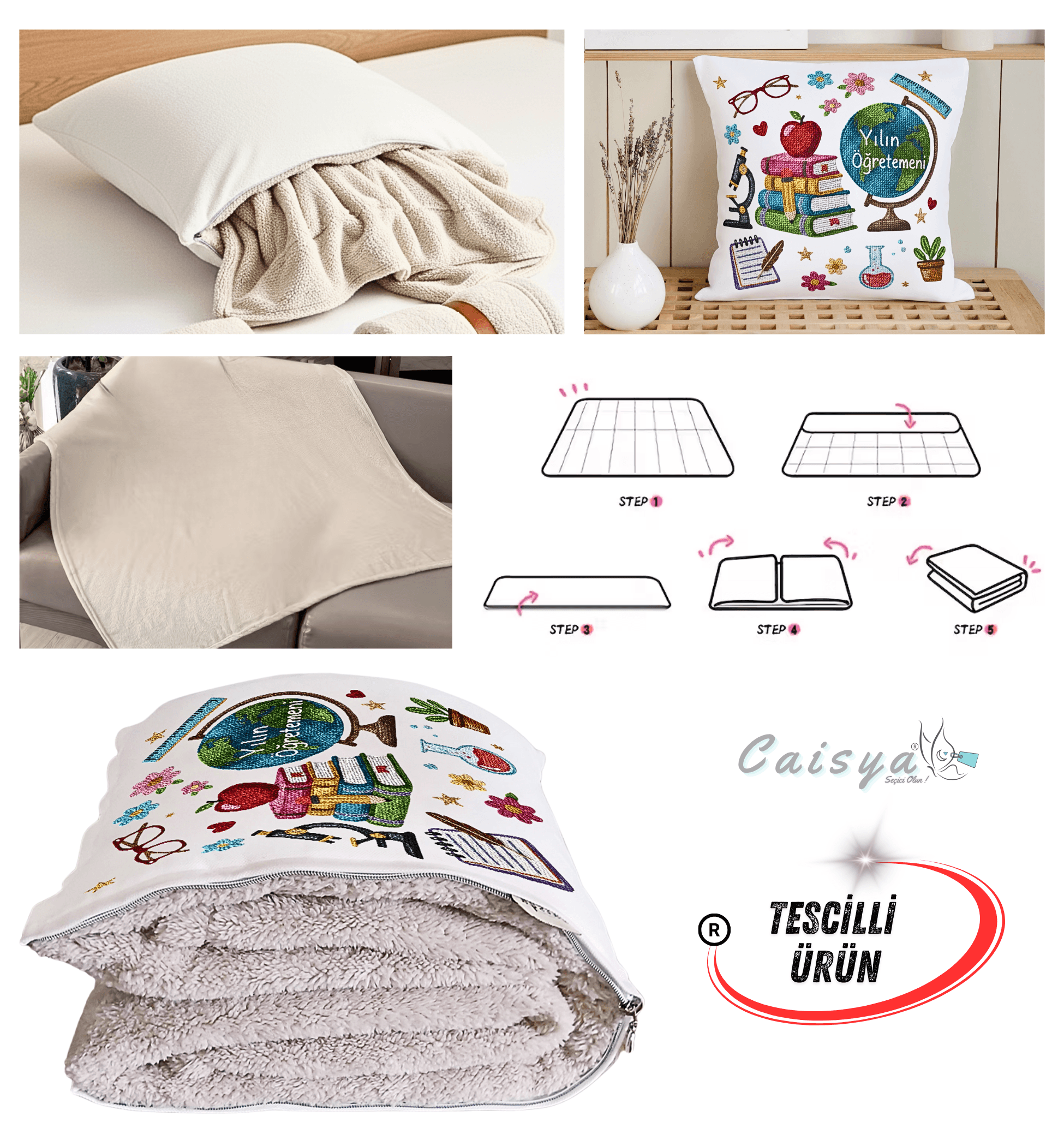 Öğretmenler Günü Hediyesi Punch Baskılı Tv Battaniyesi Olabilen Dekoratif Yastık Kırlent Battaniye