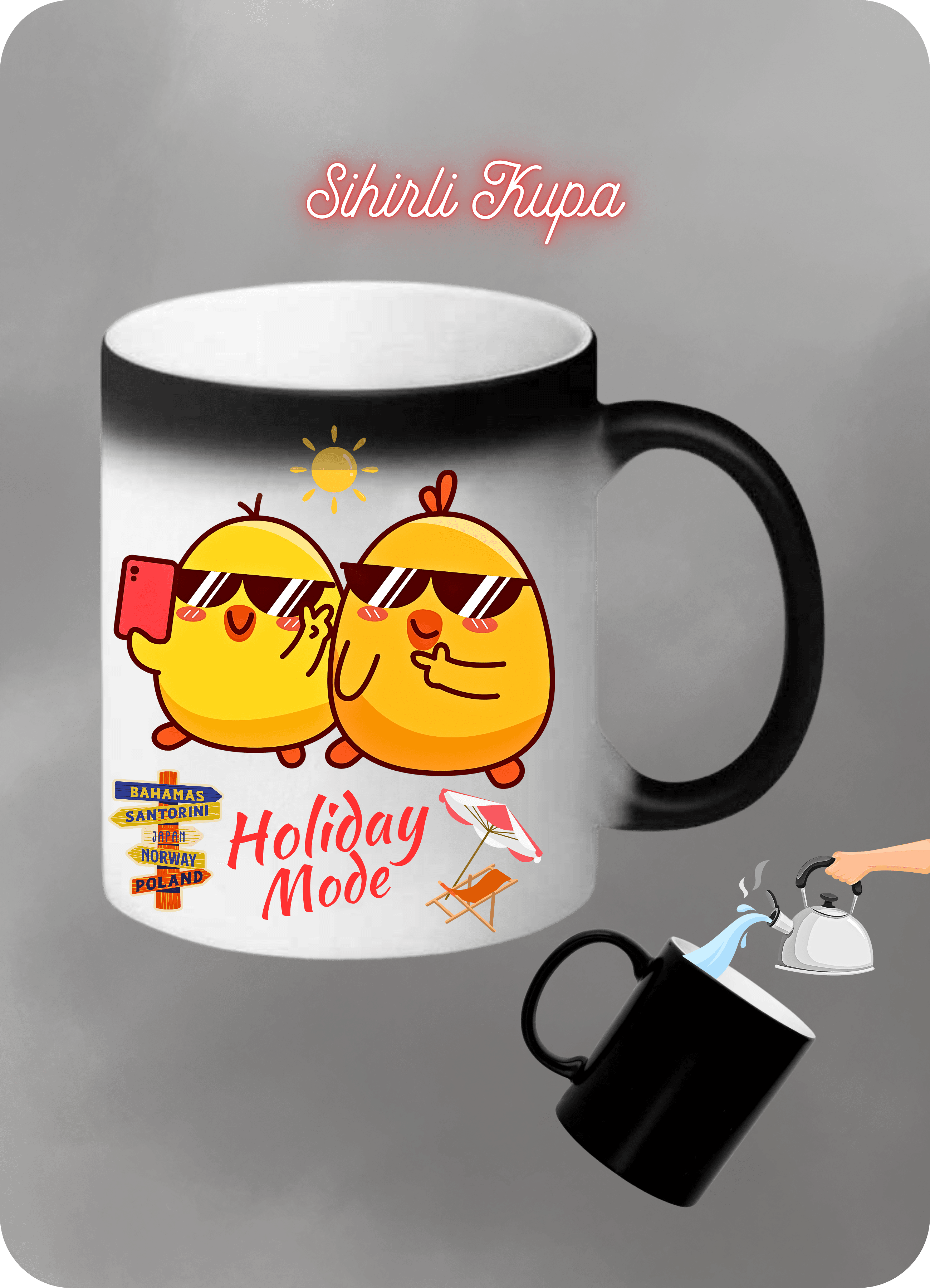 Sarı CivCivler Holiday Mode Baskılı Sihirli Kupa Bardak Çay Kahve Fincanı
