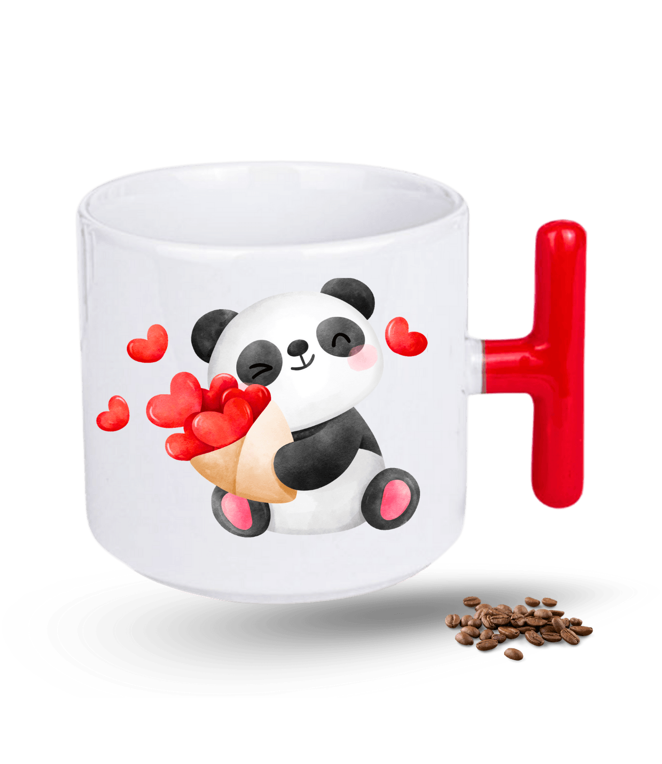 Aşk Temalı Kalpli Panda Baskılı T Saplı Porselen Kupa Bardak