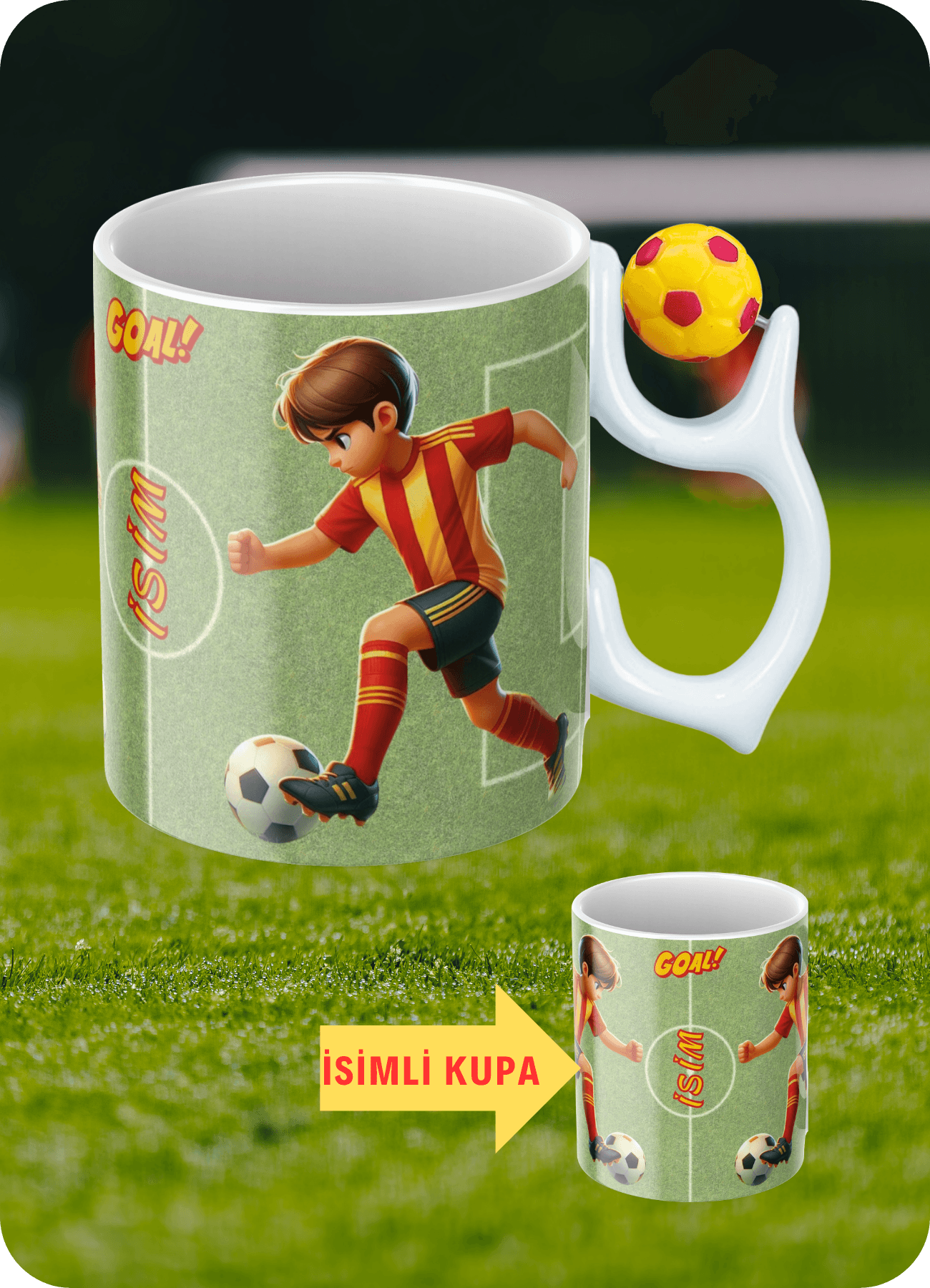 Sarı Kırmızı Futbol Toplu Sarı Kırmızı Formalı Futbolcu İsimli Taraftar Kupa Bardak Çay Kahve Fincanı