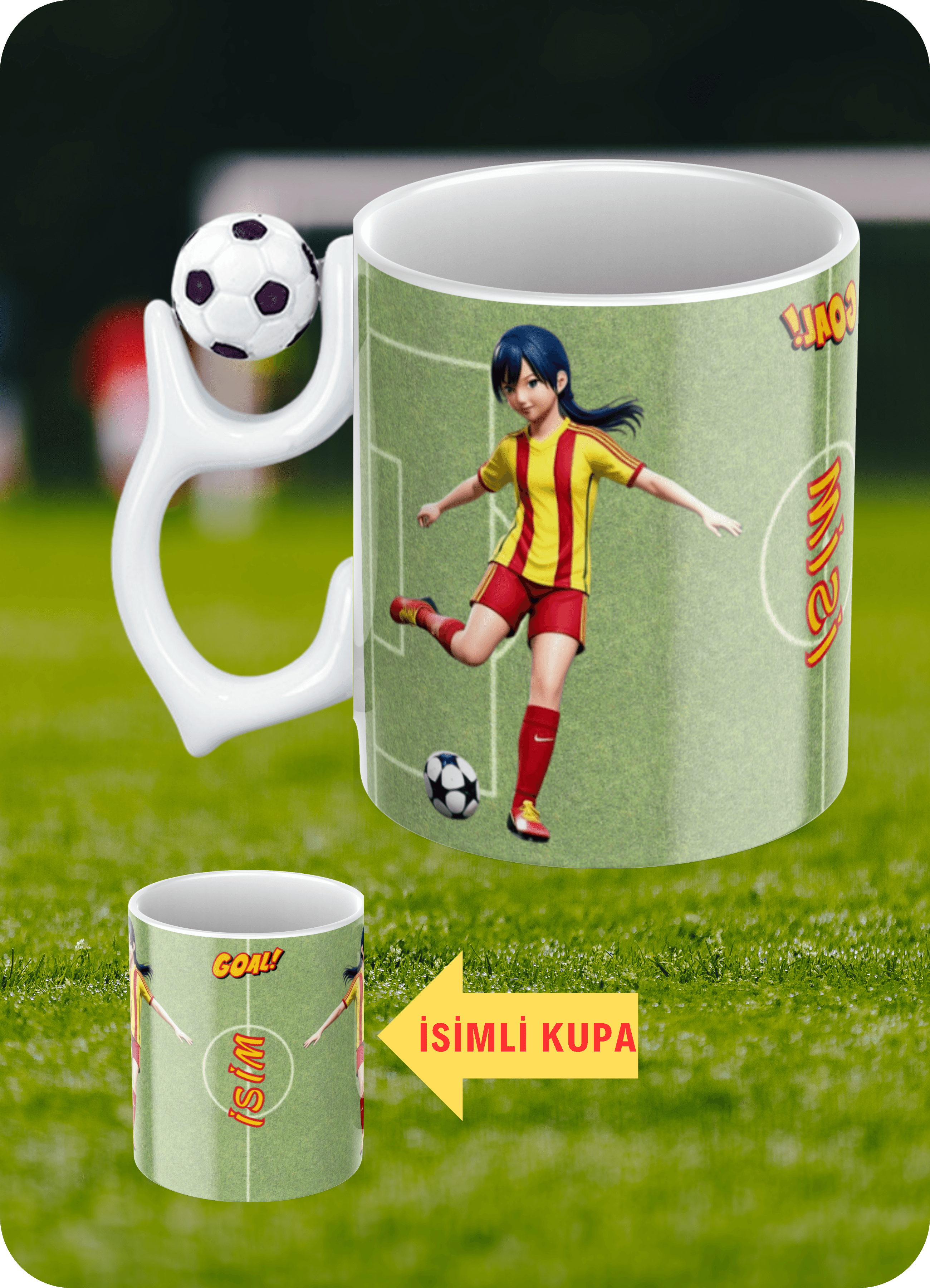 Futbol Toplu Sarı Kırmızı Formalı Kadın Futbolcu İsimli Taraftar Kupa Bardak Çay Kahve Fincanı