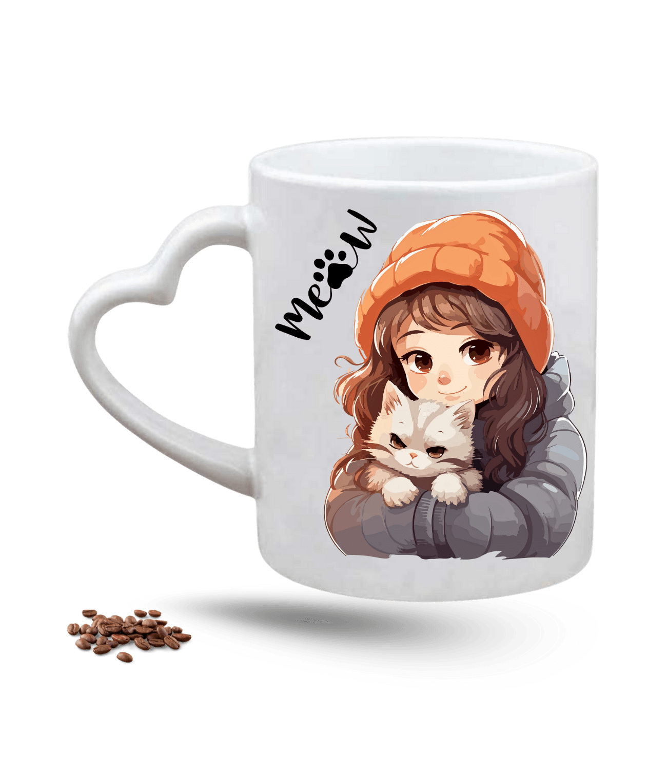 Meow Bereli Kız Kedi Sever Baskılı Porselen Kalp Kulp Kupa Bardak