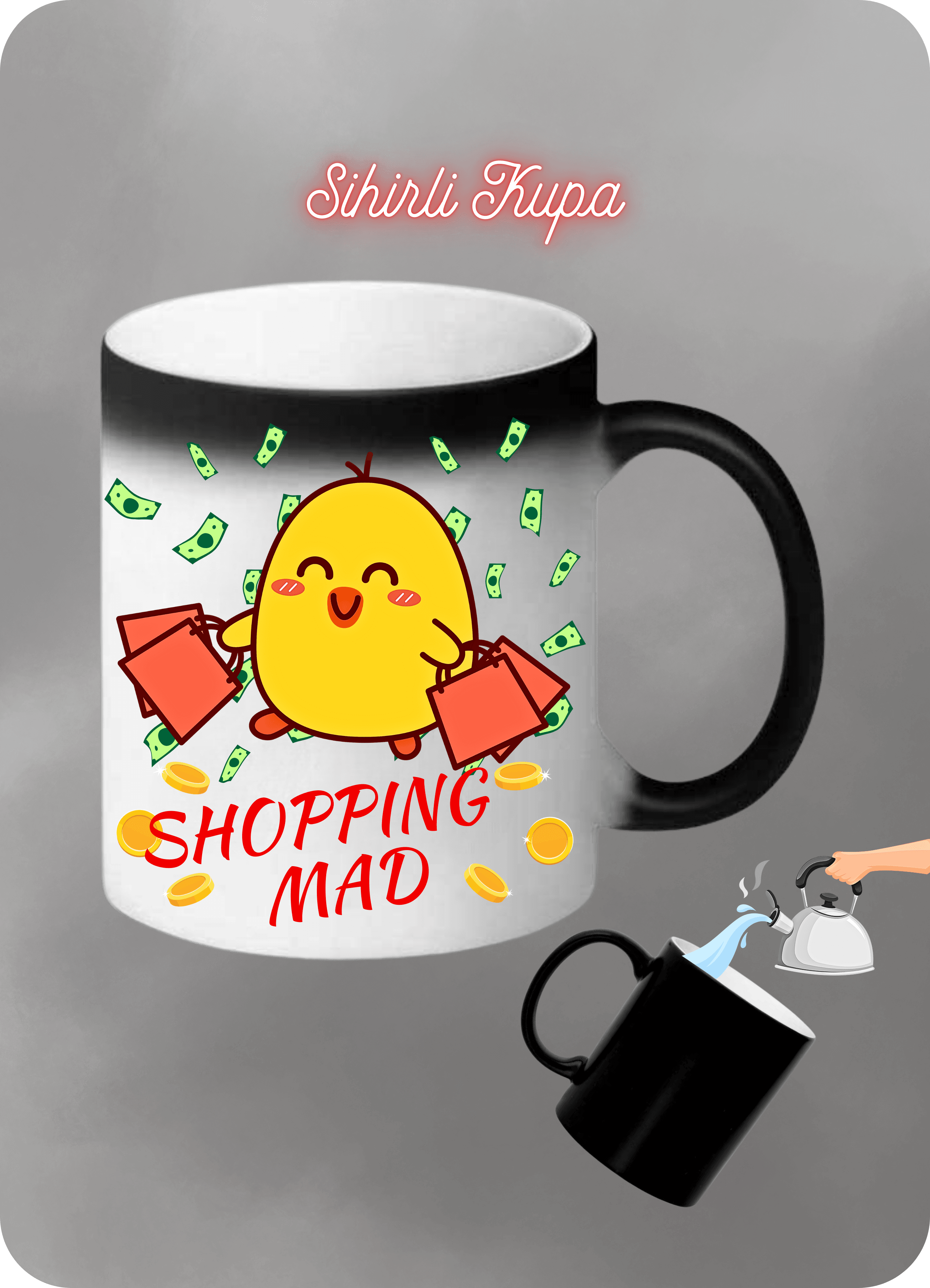 Sarı CivCivler Shopping Bad Baskılı Sihirli Kupa Bardak Çay Kahve Fincanı